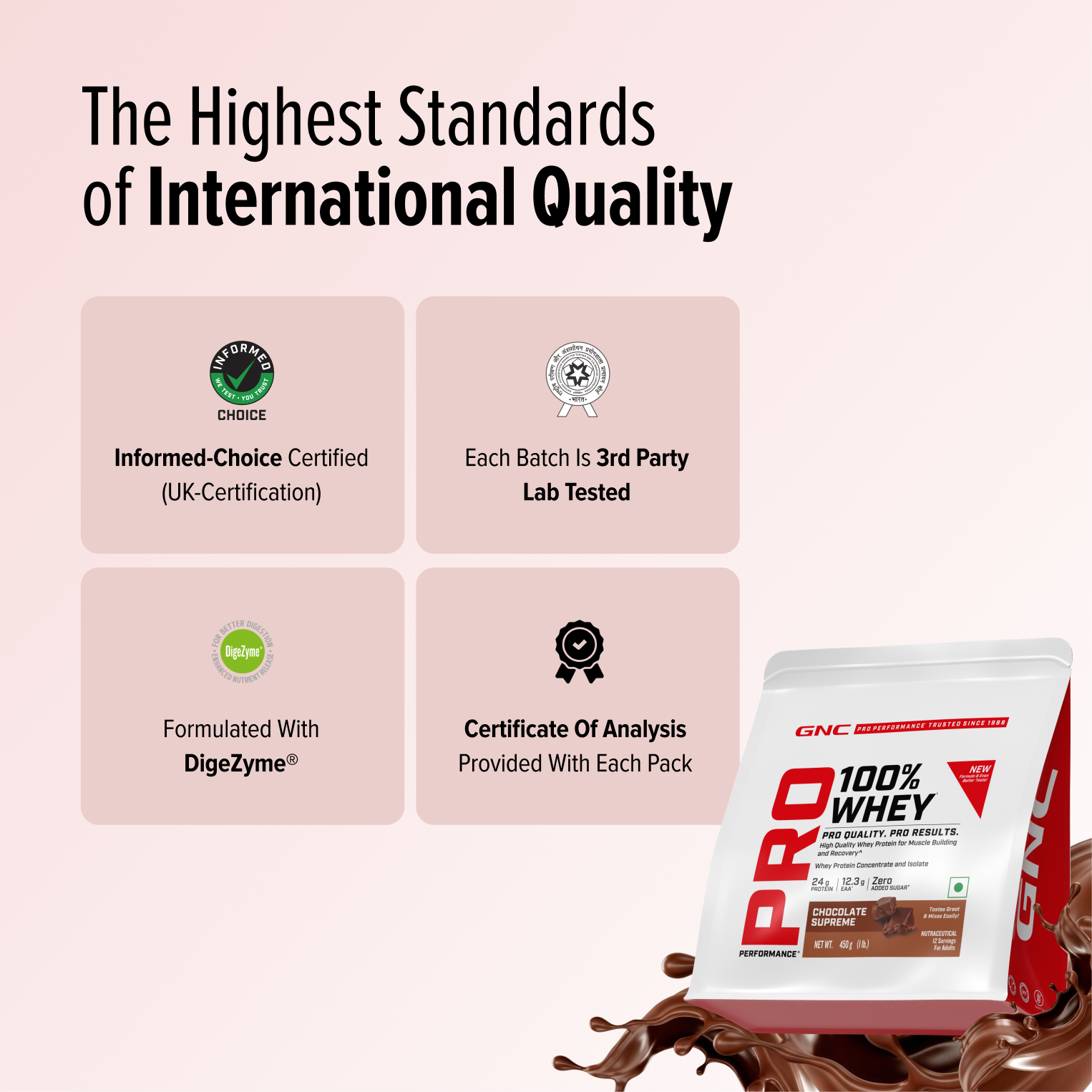 GNC Pro Performance 100% Whey Protein | New Formulation | 24g Protein, 5.7g BCAAs, 12.3g EAAs | Added DigeZyme® |  Low Carb (4.51g), No Added Sugar I Chocolate Supreme I 450 GM