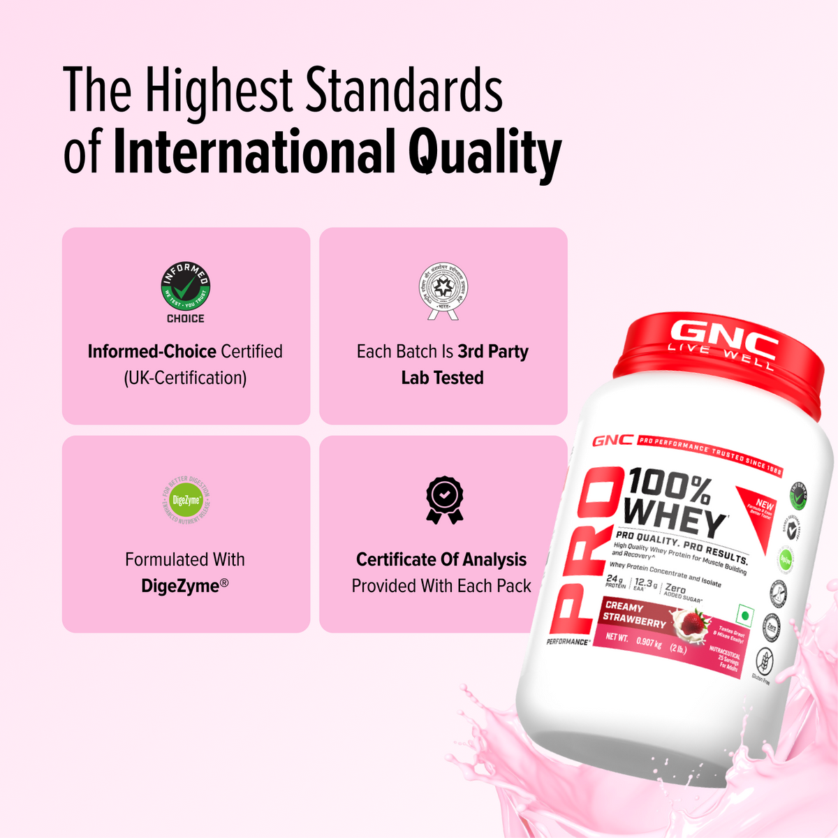 GNC Pro Performance 100% Whey Protein | New Formulation | 24g Protein, 5.7g BCAAs, 12.3g EAAs | Added DigeZyme® |  Low Carb (4.51g), No Added Sugar I Creamy Strawberry I 907 GM