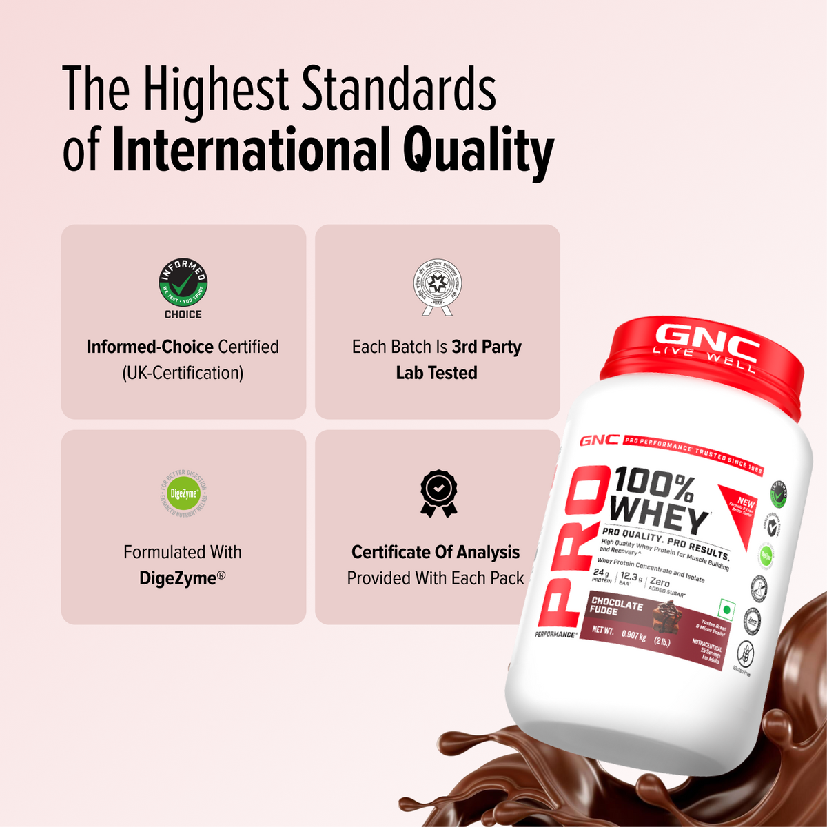 GNC Pro Performance 100% Whey Protein | New Formulation | 24g Protein, 5.7g BCAAs, 12.3g EAAs | Added DigeZyme® |  Low Carb (4.51g), No Added Sugar I Chocolate Fudge I 907 GM