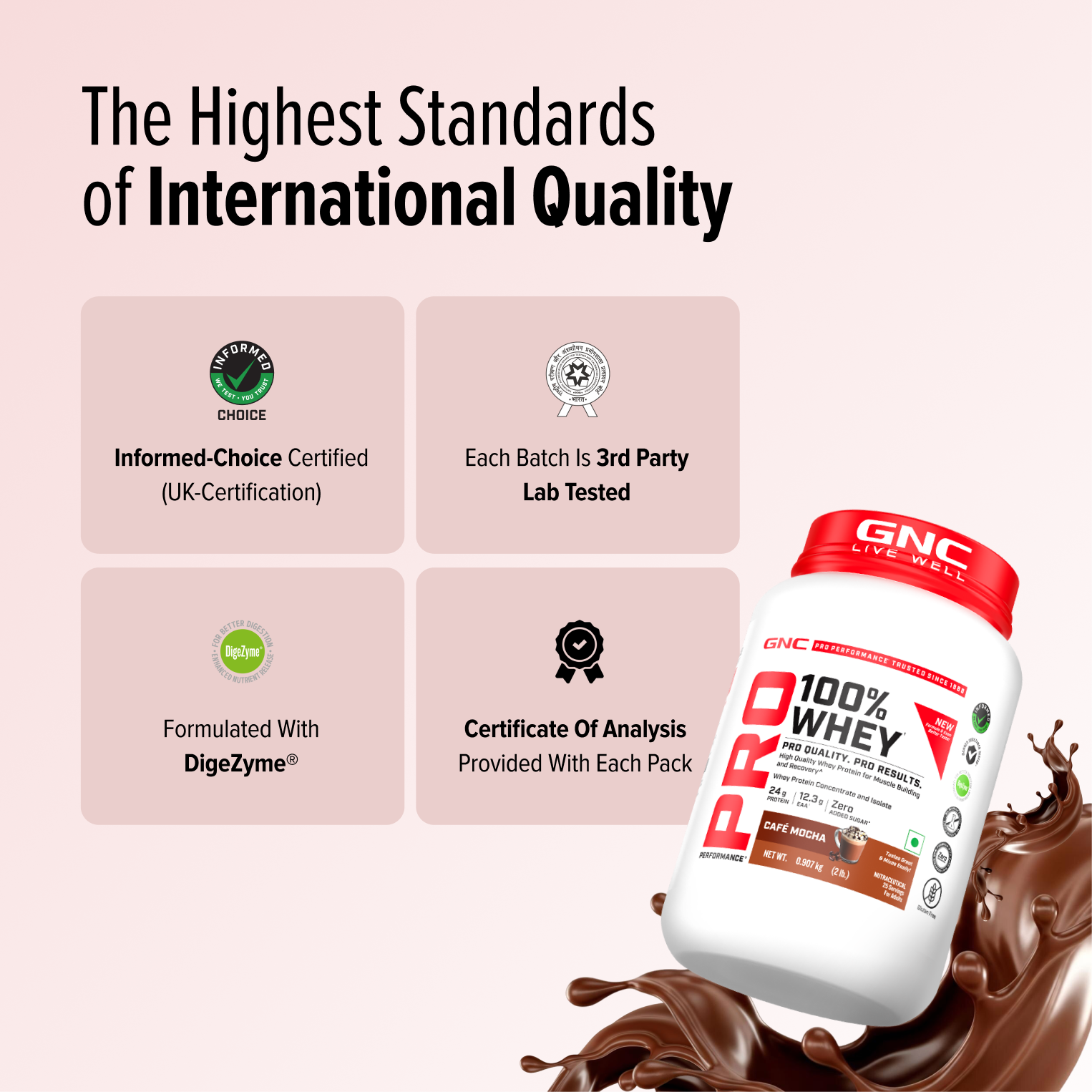GNC Pro Performance 100% Whey Protein | New Formulation | 24g Protein, 5.7g BCAAs, 12.3g EAAs | Added DigeZyme® |  Low Carb (4.51g), No Added Sugar I Cafe Mocha I 907 GM