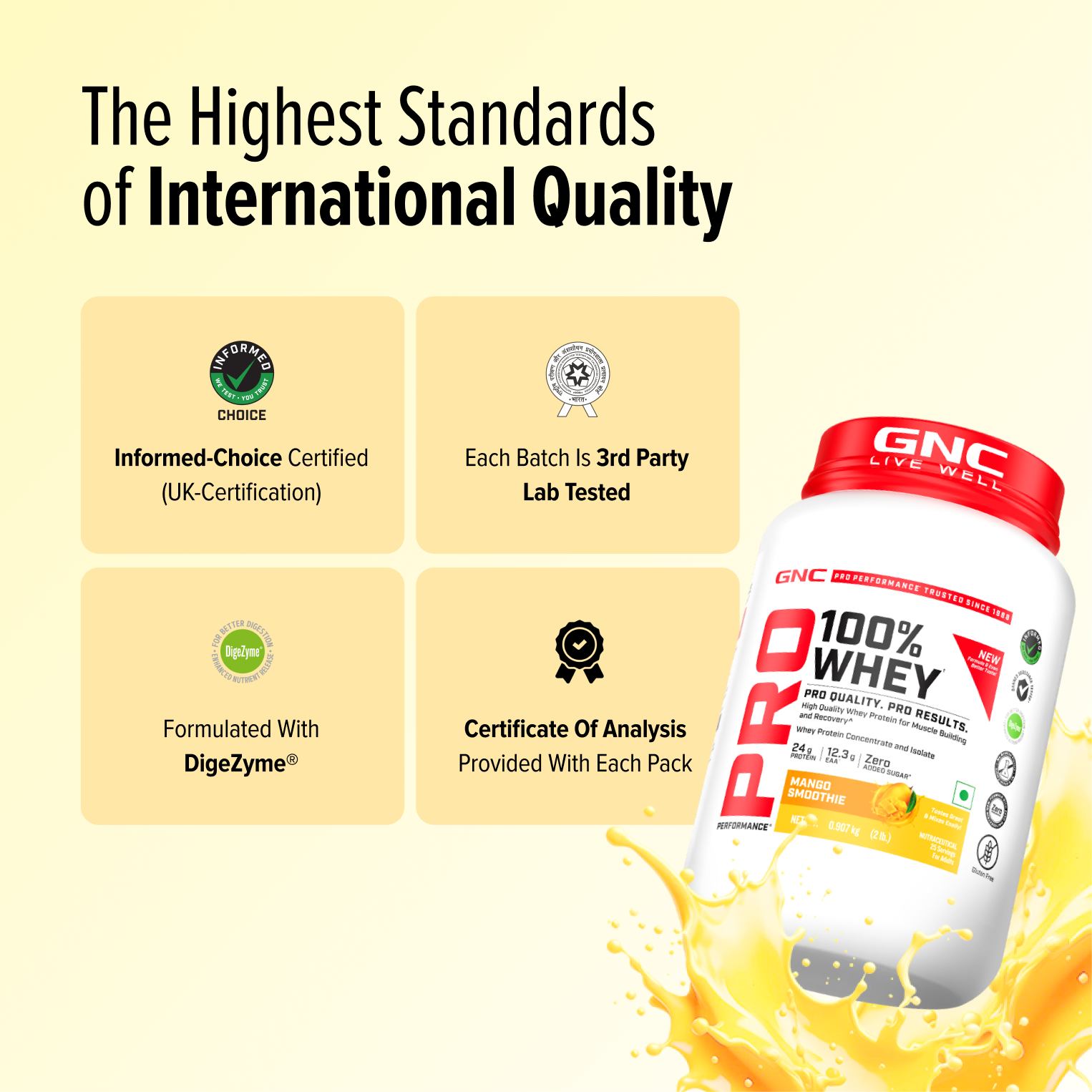 GNC Pro Performance 100% Whey Protein | New Formulation | 24g Protein, 5.7g BCAAs, 12.3g EAAs | Added DigeZyme® |  Low Carb (4.51g), No Added Sugar I Mango Smoothie I 907 GM