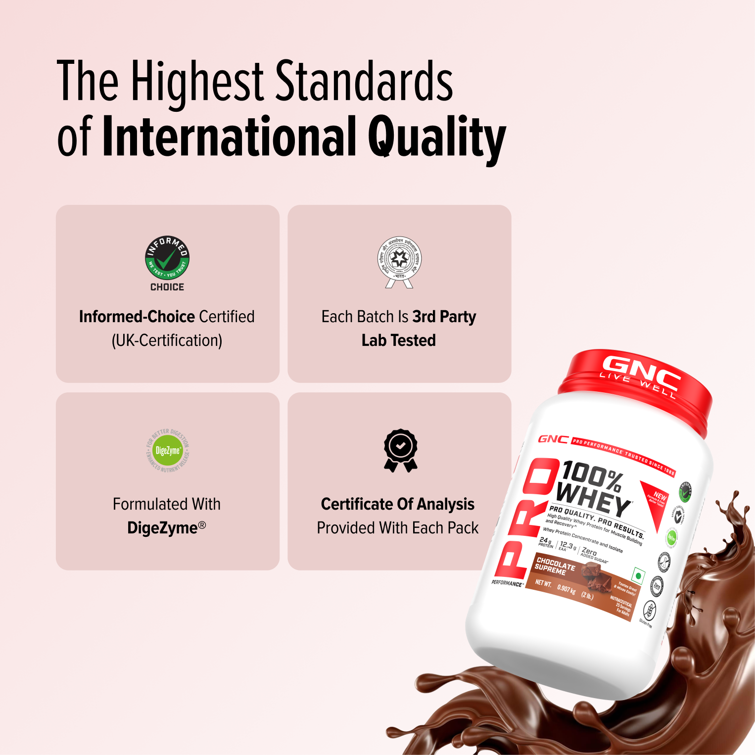 GNC Pro Performance 100% Whey Protein | New Formulation | 24g Protein, 5.7g BCAAs, 12.3g EAAs | Added DigeZyme® |  Low Carb (4.51g), No Added Sugar I Chocolate Supreme I 907 GM