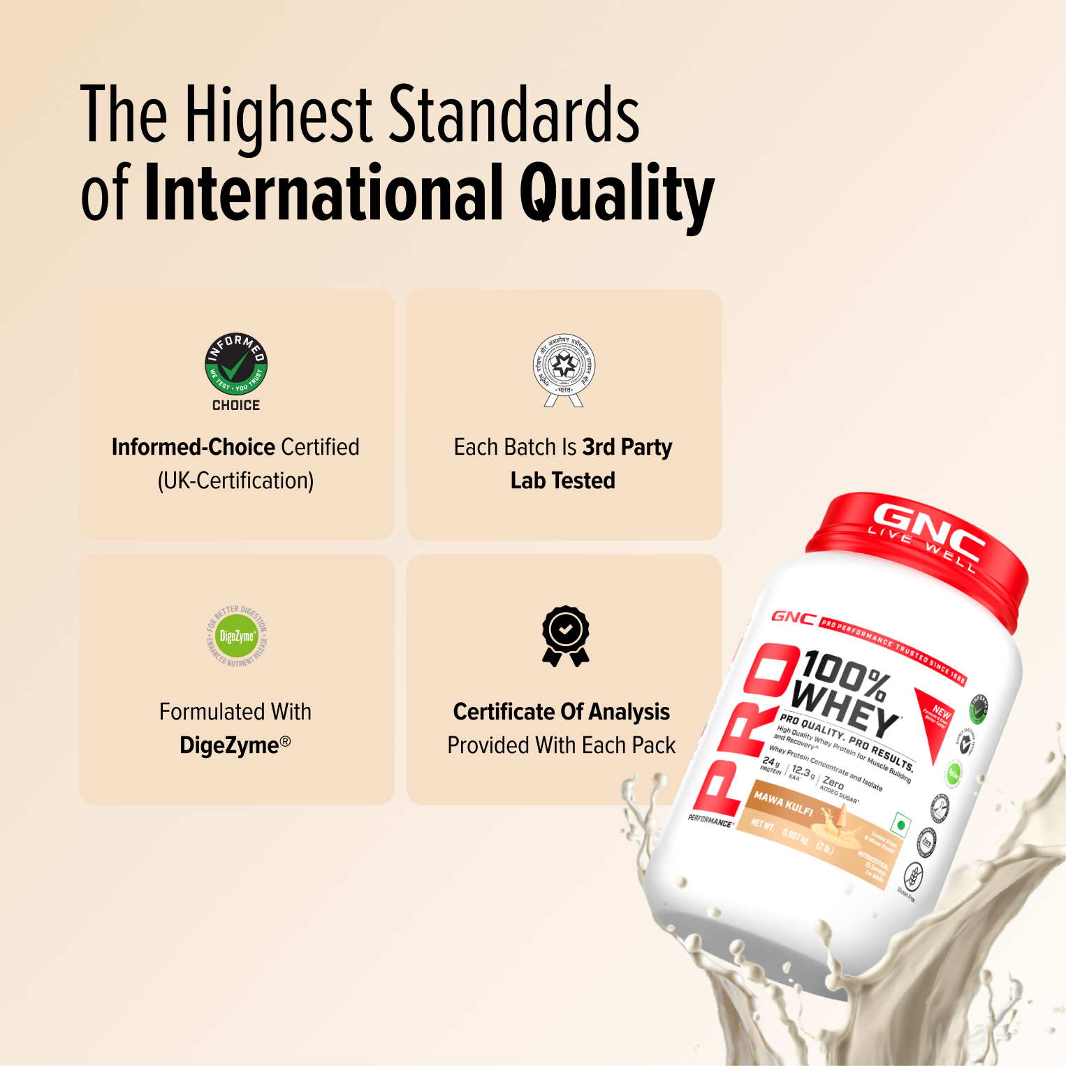 GNC Pro Performance 100% Whey Protein | New Formulation | 24g Protein, 5.7g BCAAs, 12.3g EAAs | Added DigeZyme® |  Low Carb (4.51g), No Added Sugar I Mawa Kulfi I 907 GM
