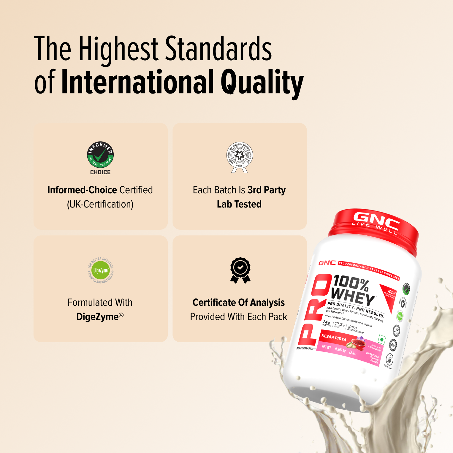 GNC Pro Performance 100% Whey Protein | New Formulation | 24g Protein, 5.7g BCAAs, 12.3g EAAs | Added DigeZyme® |  Low Carb (4.51g), No Added Sugar I Kesar Pista I 907 GM