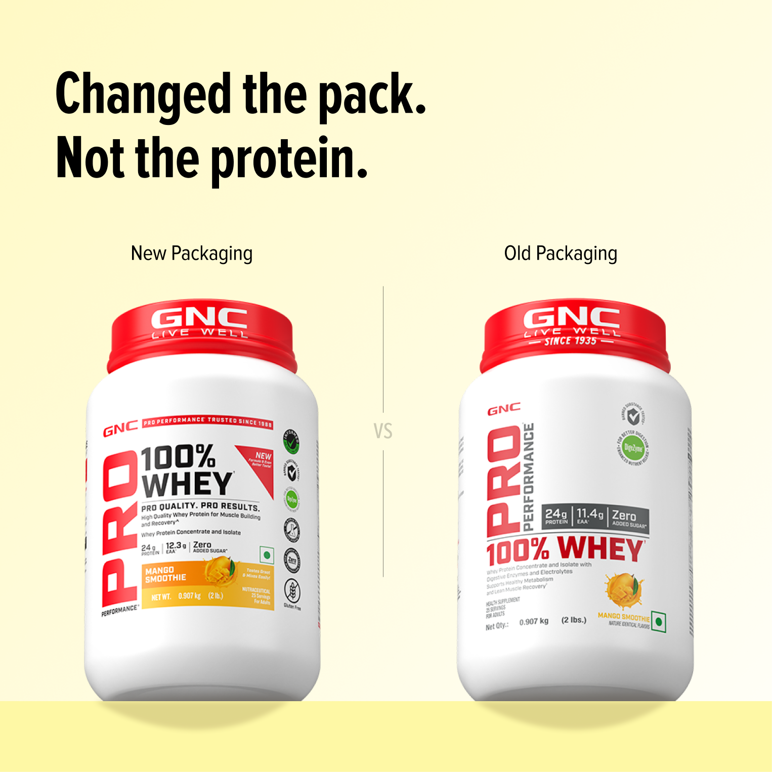 GNC Pro Performance 100% Whey Protein | New Formulation | 24g Protein, 5.7g BCAAs, 12.3g EAAs | Added DigeZyme® |  Low Carb (4.51g), No Added Sugar I Mango Smoothie I 907 GM
