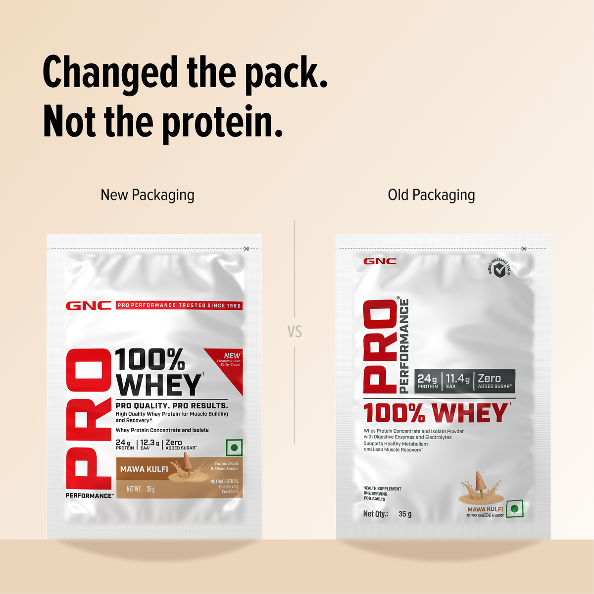GNC Pro Performance 100% Whey Protein | New Formulation | 24g Protein, 5.7g BCAAs, 12.3g EAAs | Added DigeZyme® |  Low Carb (4.51g), No Added Sugar I Mawa Kulfi I 35 GM (Single Serve)