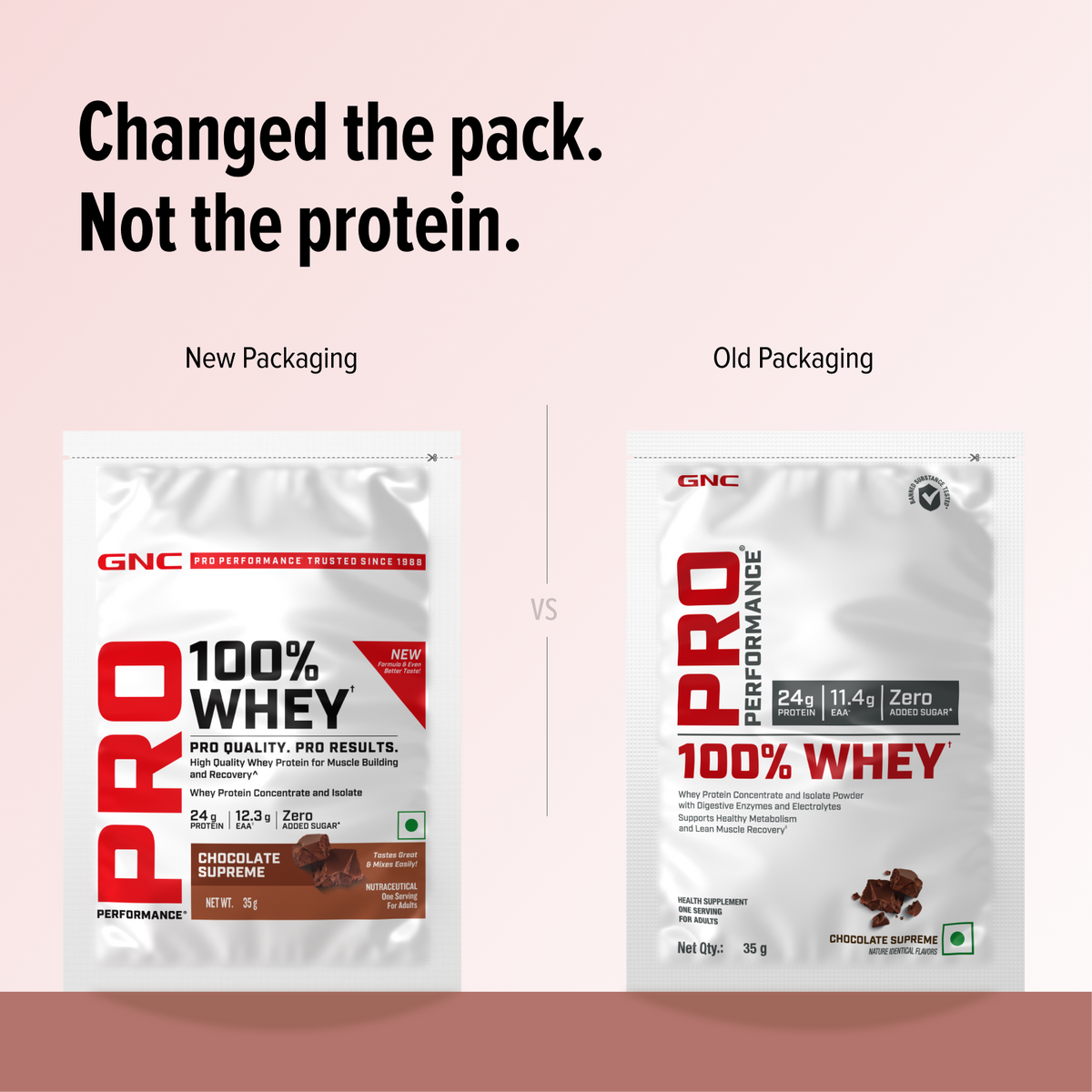 GNC Pro Performance 100% Whey Protein | New Formulation | 24g Protein, 5.7g BCAAs, 12.3g EAAs | Added DigeZyme® |  Low Carb (4.51g), No Added Sugar I Chocolate Supreme I 35 GM (Single Serve)