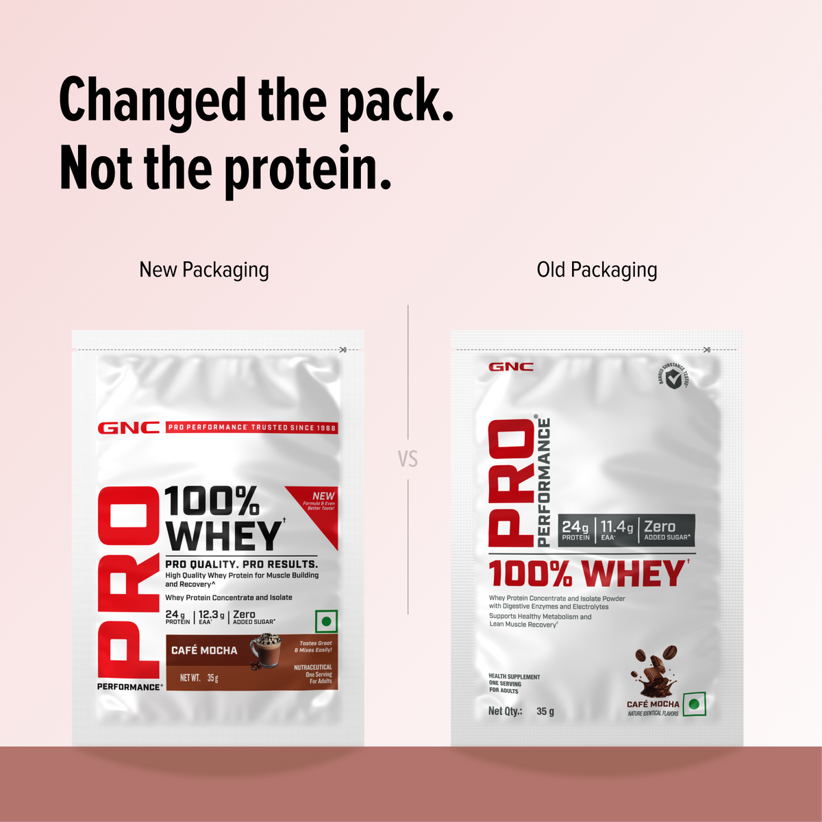 GNC Pro Performance 100% Whey Protein | New Formulation | 24g Protein, 5.7g BCAAs, 12.3g EAAs | Added DigeZyme® |  Low Carb (4.51g), No Added Sugar I Cafe Mocha I 35 GM (Single Serve)