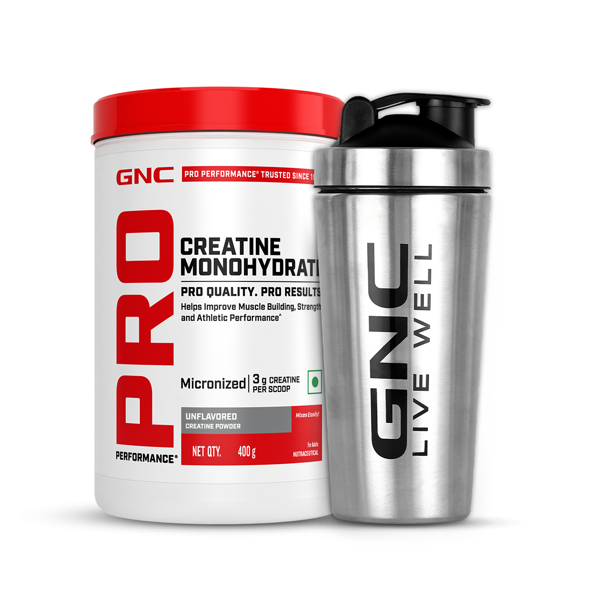 GNC Creatine Monohydrate With Steel Shaker (750ml)| 400gm | Unflavoured | Boosts Athletic Performance | Fuels Skeletal Muscles | Supports Intense Workout | Promotes Cellular Hydration |Formulated In USA