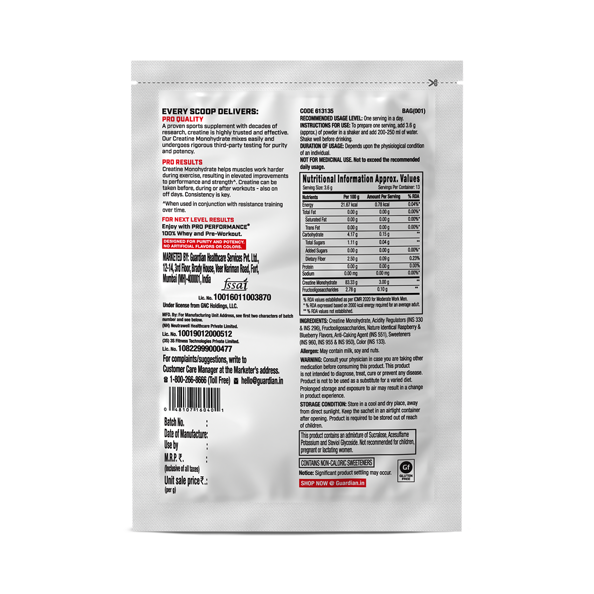 GNC Pro Performance Creatine Monohydrate - Pack of 3 (Orange, Blueberry & Creanberry)