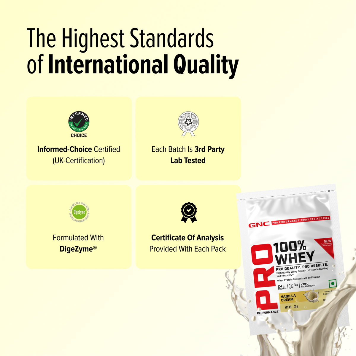 GNC Pro Performance 100% Whey Protein | New Formulation | 24g Protein, 5.7g BCAAs, 12.3g EAAs | Added DigeZyme® |  Low Carb (4.51g), No Added Sugar I Vanilla Cream I 35 GM (Single Serve)