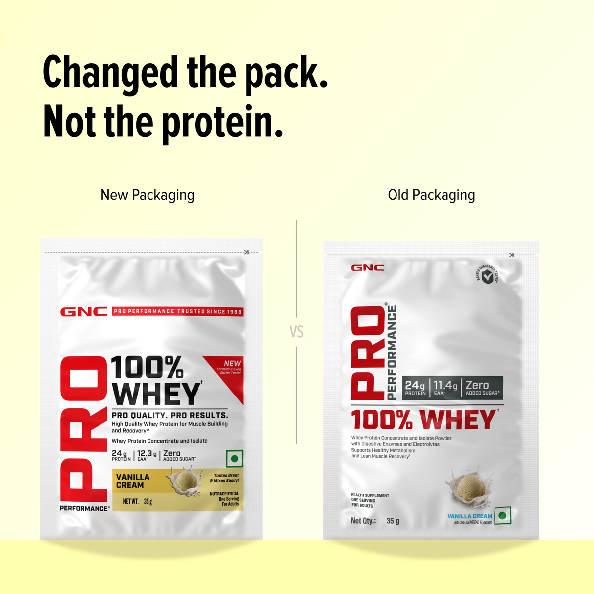 GNC Pro Performance 100% Whey Protein | New Formulation | 24g Protein, 5.7g BCAAs, 12.3g EAAs | Added DigeZyme® |  Low Carb (4.51g), No Added Sugar I Vanilla Cream I 35 GM (Single Serve)