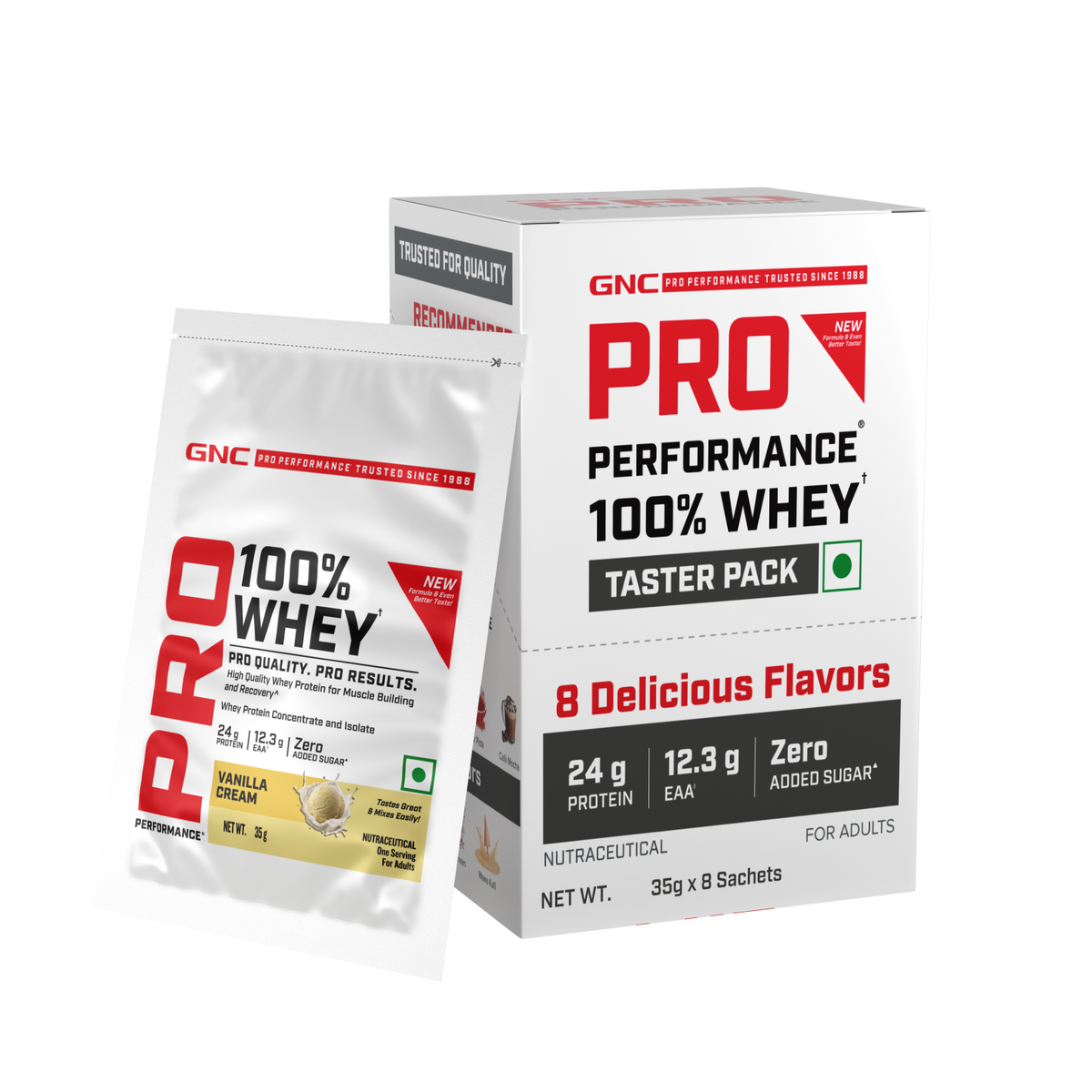 GNC Pro Performance 100% Whey Protein | New Formulation | 24g Protein, 5.7g BCAAs, 12.3g EAAs | Added DigeZyme® |  Low Carb (4.51g), No Added Sugar I Vanilla Cream I 35 GM (Single Serve)
