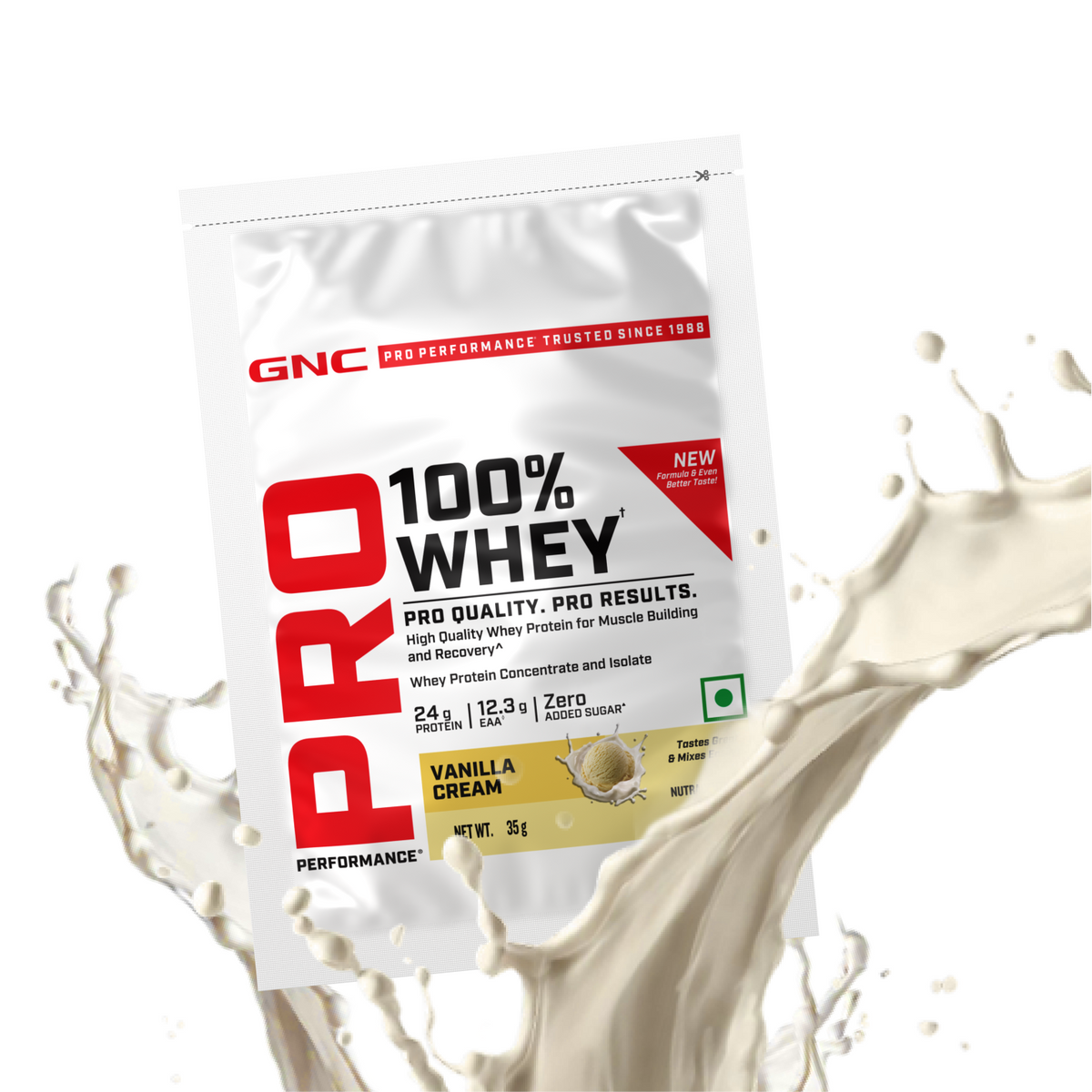 GNC Pro Performance 100% Whey Protein | New Formulation | 24g Protein, 5.7g BCAAs, 12.3g EAAs | Added DigeZyme® |  Low Carb (4.51g), No Added Sugar I Vanilla Cream I 35 GM (Single Serve)