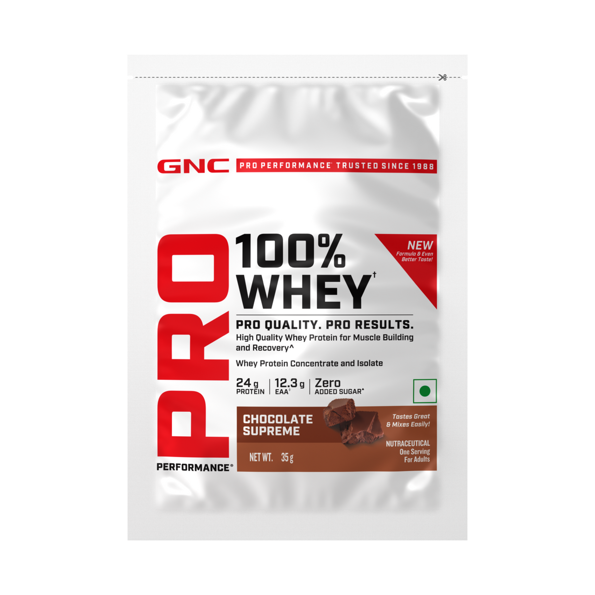 GNC Pro Performance 100% Whey Protein | New Formulation | 24g Protein, 5.7g BCAAs, 12.3g EAAs | Added DigeZyme® |  Low Carb (4.51g), No Added Sugar I Chocolate Supreme I 35 GM (Single Serve)