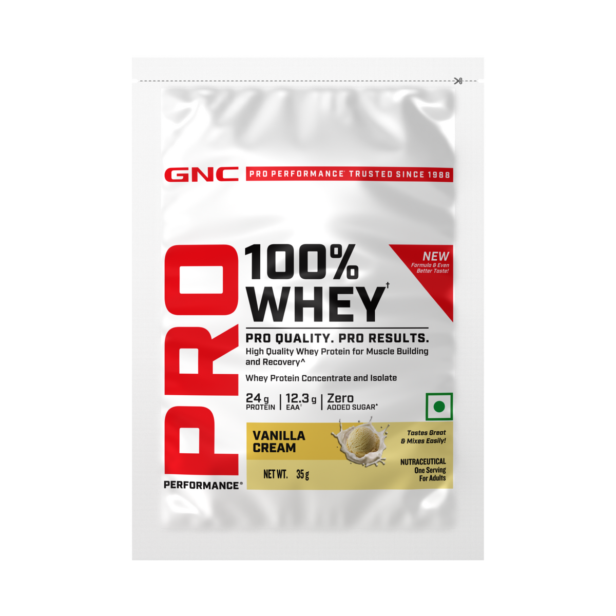 GNC Pro Performance 100% Whey Protein | New Formulation | 24g Protein, 5.7g BCAAs, 12.3g EAAs | Added DigeZyme® |  Low Carb (4.51g), No Added Sugar I Vanilla Cream I 35 GM (Single Serve)
