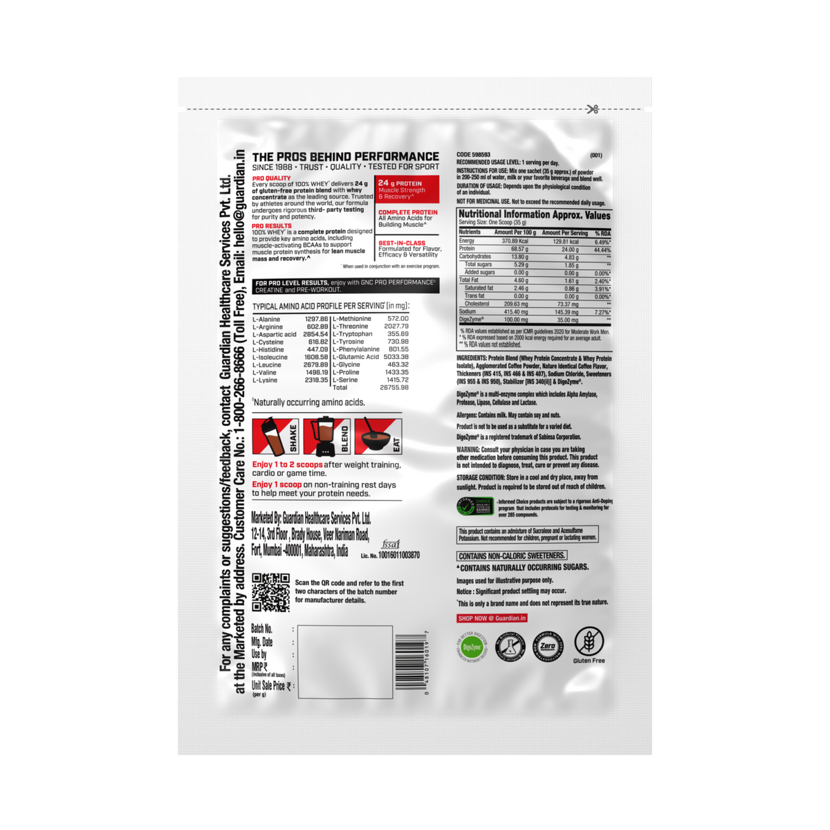 GNC Pro Performance 100% Whey Protein | New Formulation | 24g Protein, 5.7g BCAAs, 12.3g EAAs | Added DigeZyme® |  Low Carb (4.51g), No Added Sugar I Cafe Mocha I 35 GM (Single Serve)