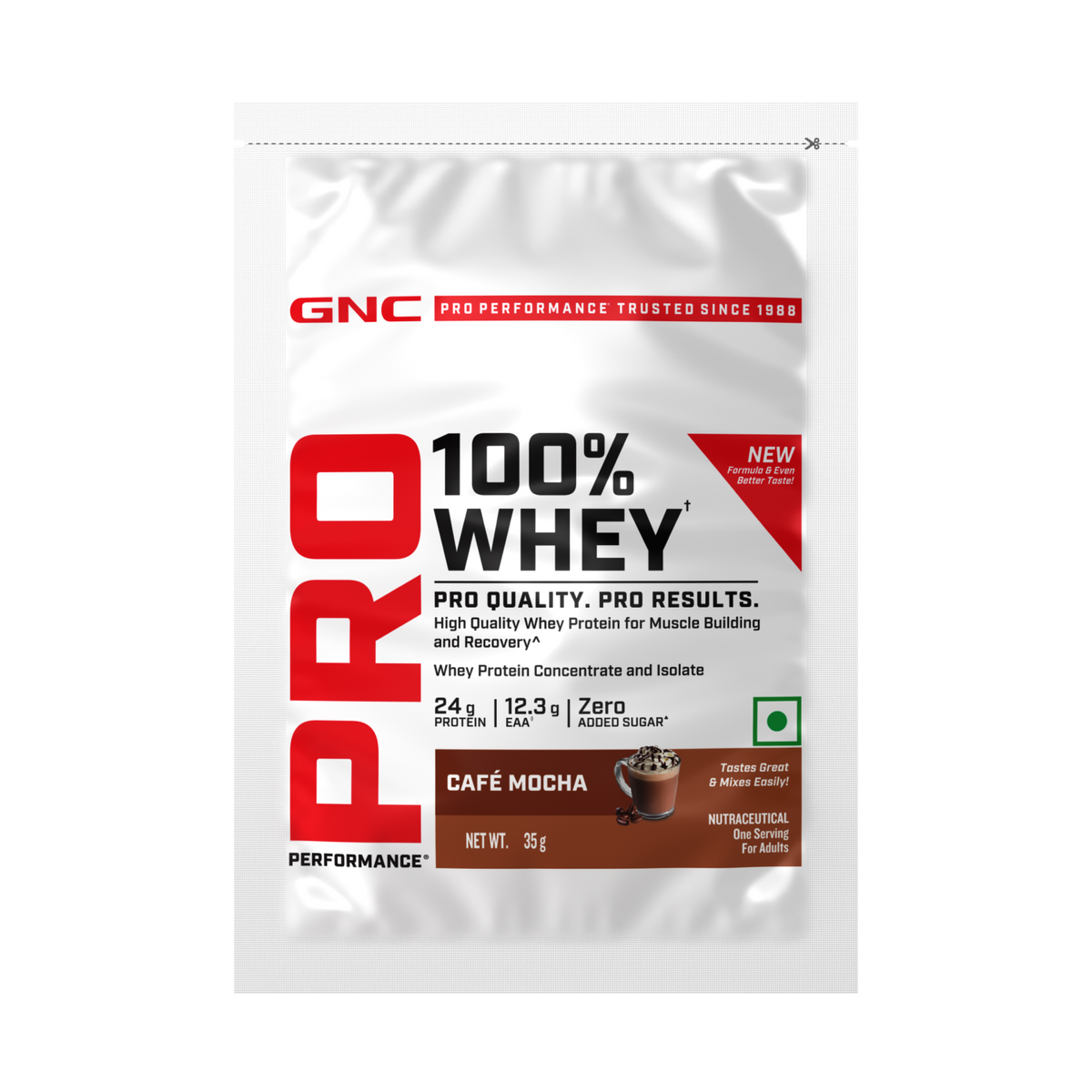 GNC Pro Performance 100% Whey Protein | New Formulation | 24g Protein, 5.7g BCAAs, 12.3g EAAs | Added DigeZyme® |  Low Carb (4.51g), No Added Sugar I Cafe Mocha I 35 GM (Single Serve)