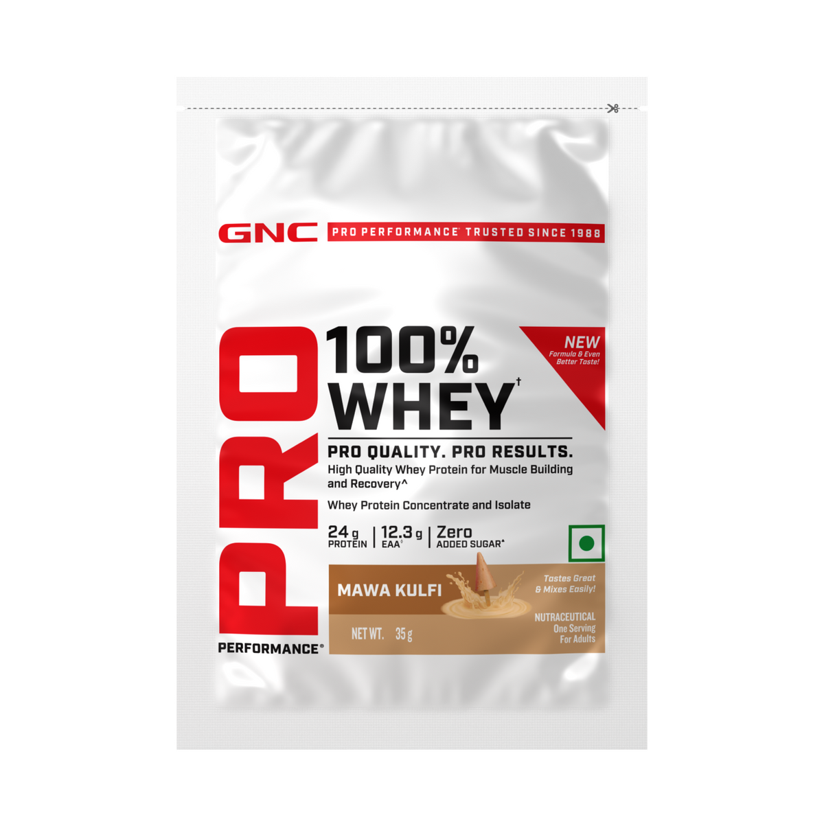 GNC Pro Performance 100% Whey Protein | New Formulation | 24g Protein, 5.7g BCAAs, 12.3g EAAs | Added DigeZyme® |  Low Carb (4.51g), No Added Sugar I Mawa Kulfi I 35 GM (Single Serve)
