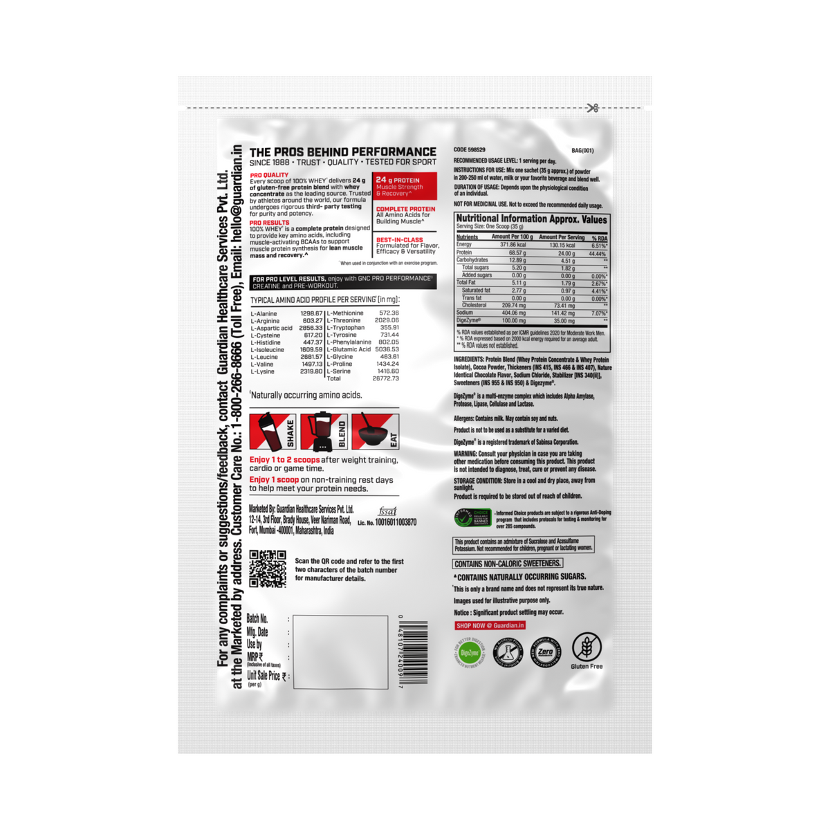 GNC Pro Performance 100% Whey Protein | New Formulation | 24g Protein, 5.7g BCAAs, 12.3g EAAs | Added DigeZyme® |  Low Carb (4.51g), No Added Sugar I Chocolate Supreme I 35 GM (Single Serve)