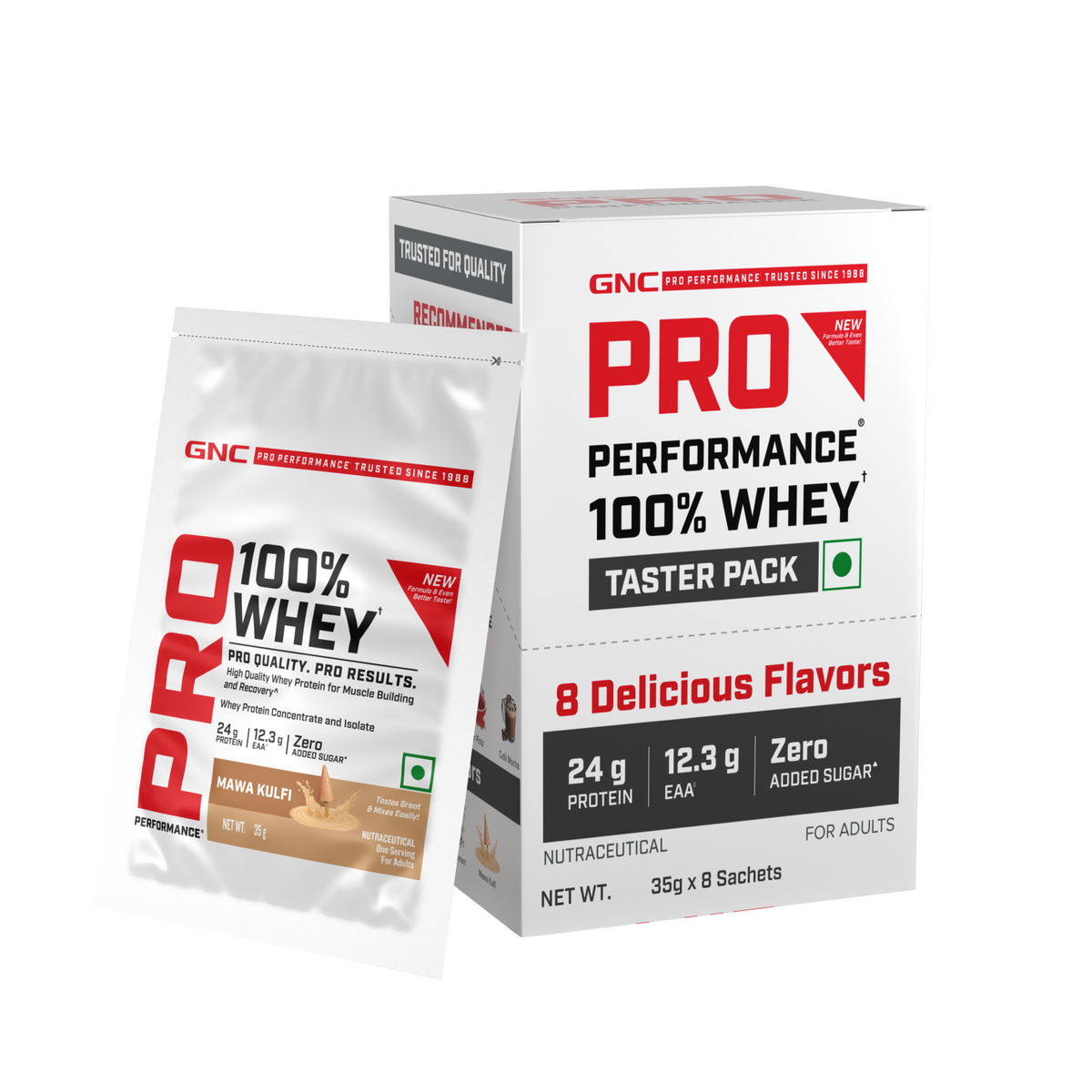 GNC Pro Performance 100% Whey Protein | New Formulation | 24g Protein, 5.7g BCAAs, 12.3g EAAs | Added DigeZyme® |  Low Carb (4.51g), No Added Sugar I Mawa Kulfi I 35 GM (Single Serve)