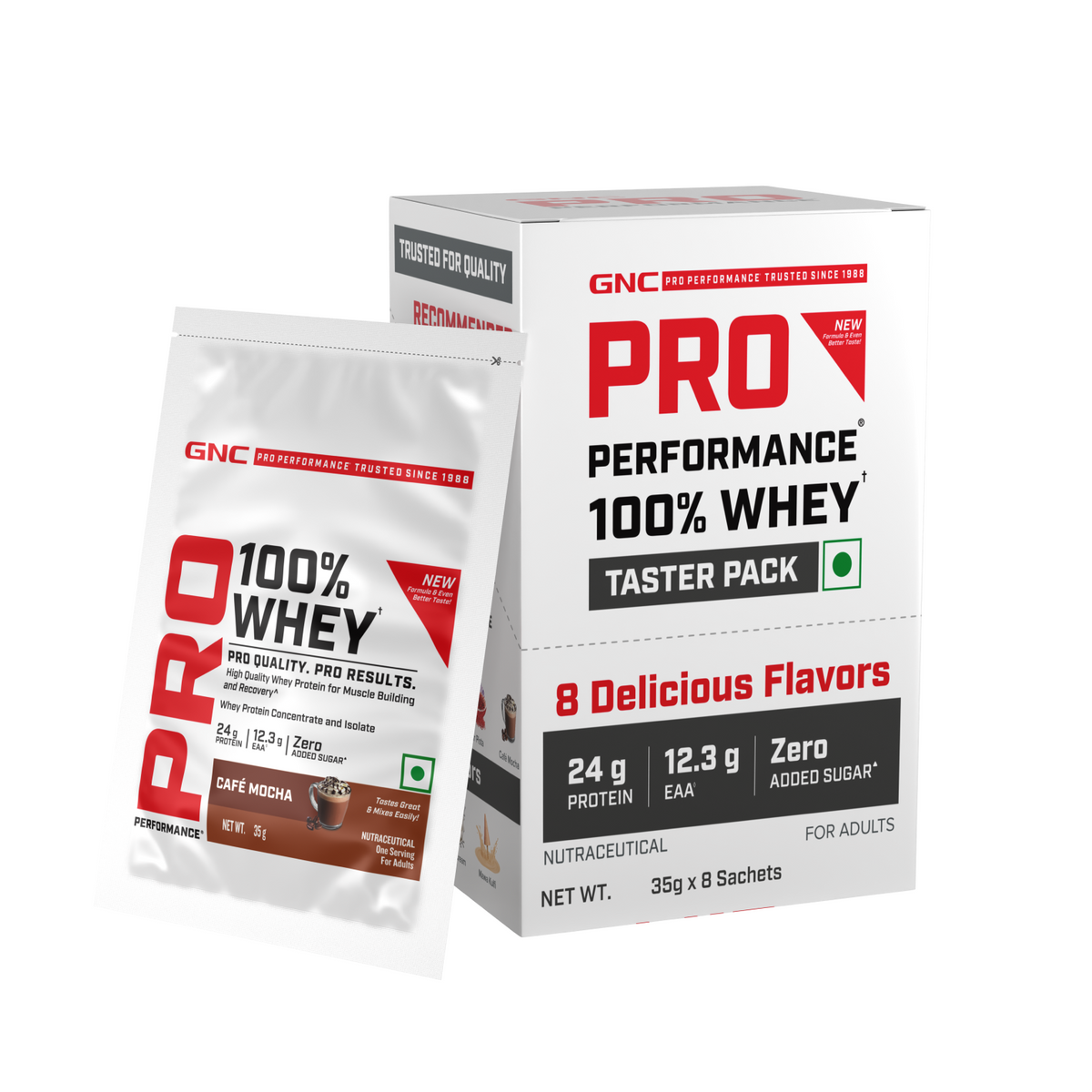 GNC Pro Performance 100% Whey Protein | New Formulation | 24g Protein, 5.7g BCAAs, 12.3g EAAs | Added DigeZyme® |  Low Carb (4.51g), No Added Sugar I Cafe Mocha I 35 GM (Single Serve)