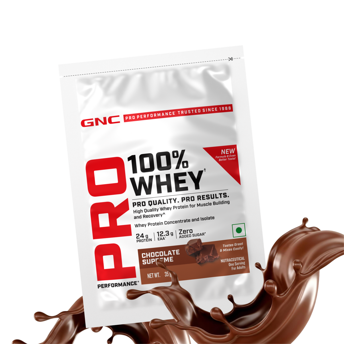 GNC Pro Performance 100% Whey Protein | New Formulation | 24g Protein, 5.7g BCAAs, 12.3g EAAs | Added DigeZyme® |  Low Carb (4.51g), No Added Sugar I Chocolate Supreme I 35 GM (Single Serve)