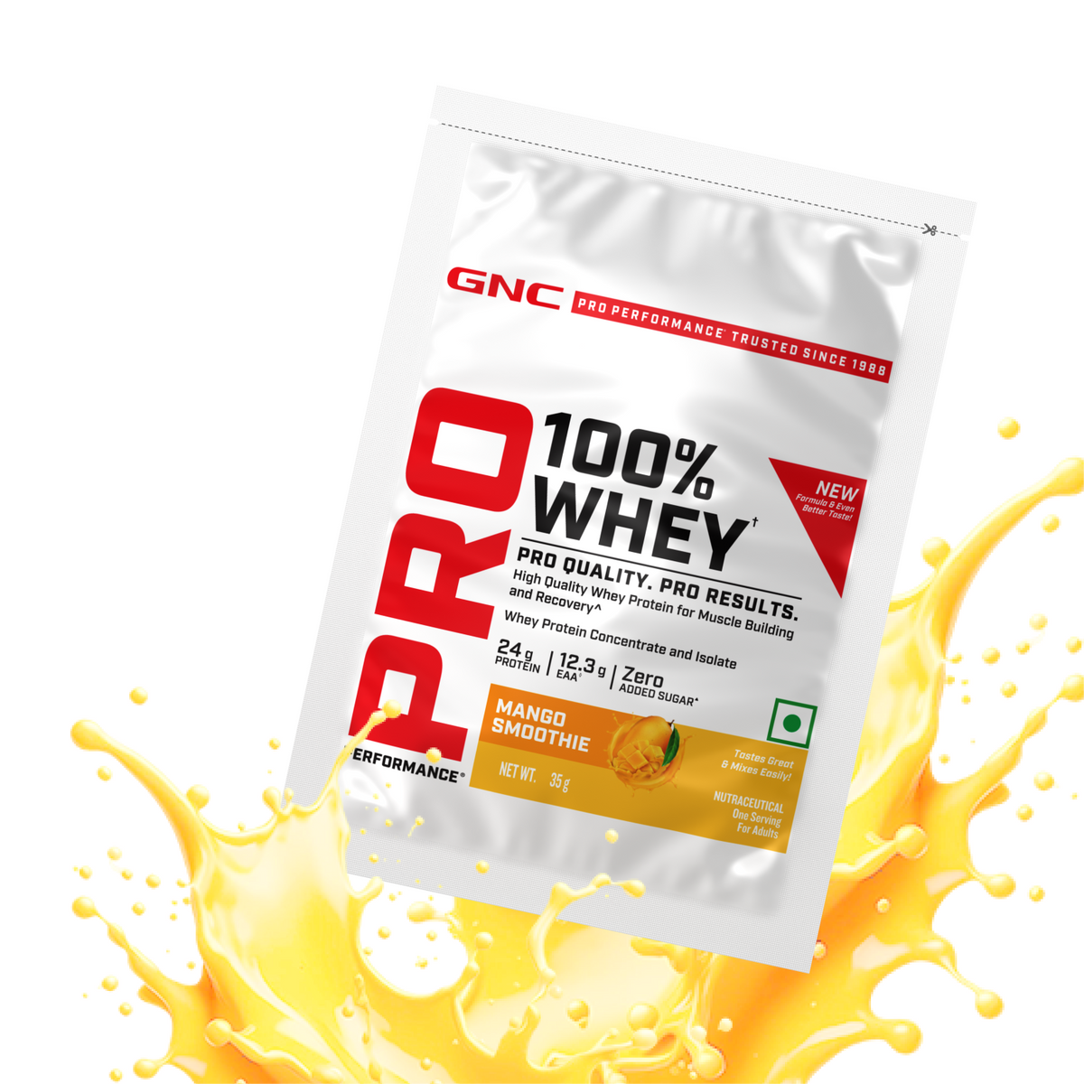 GNC Pro Performance 100% Whey Protein | New Formulation | 24g Protein, 5.7g BCAAs, 12.3g EAAs | Added DigeZyme® |  Low Carb (4.51g), No Added Sugar I Mango Smoothie I 35 GM (Single Serve)