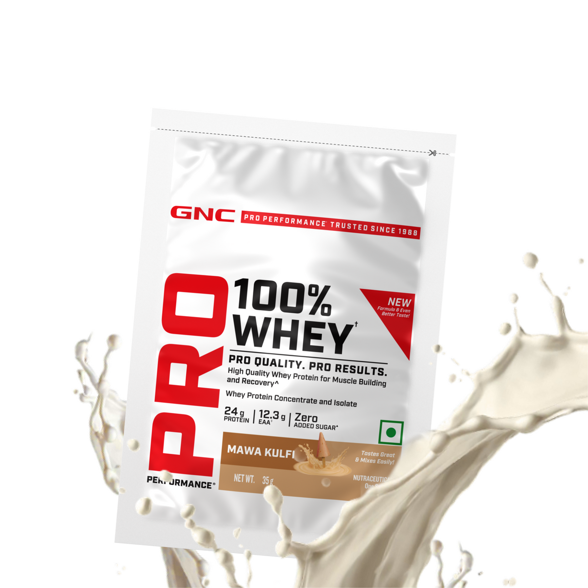GNC Pro Performance 100% Whey Protein | New Formulation | 24g Protein, 5.7g BCAAs, 12.3g EAAs | Added DigeZyme® |  Low Carb (4.51g), No Added Sugar I Mawa Kulfi I 35 GM (Single Serve)