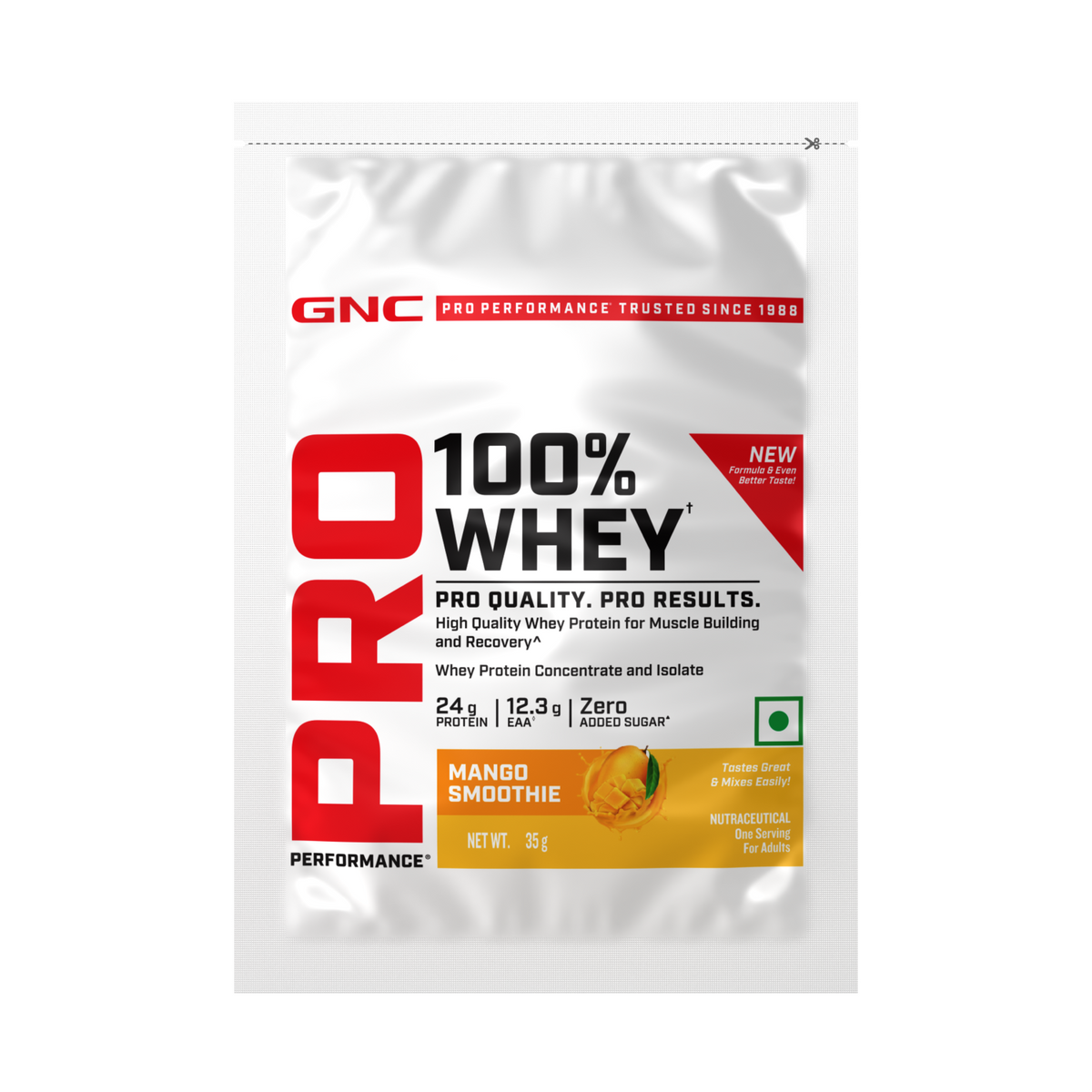 GNC Pro Performance 100% Whey Protein | New Formulation | 24g Protein, 5.7g BCAAs, 12.3g EAAs | Added DigeZyme® |  Low Carb (4.51g), No Added Sugar I Mango Smoothie I 35 GM (Single Serve)