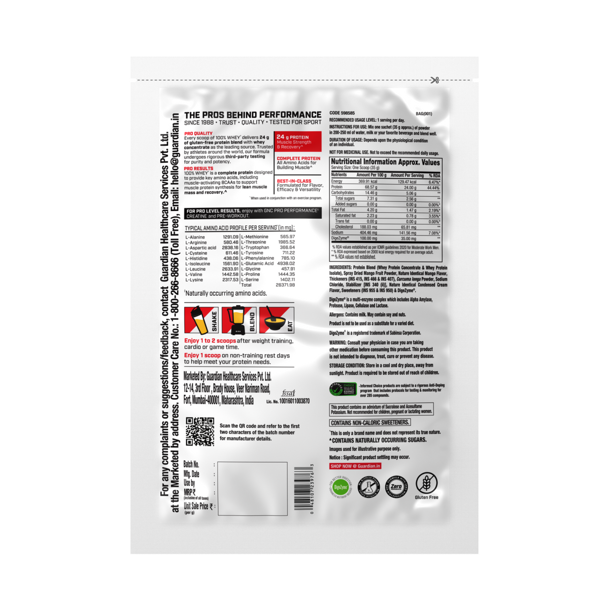 GNC Pro Performance 100% Whey Protein | New Formulation | 24g Protein, 5.7g BCAAs, 12.3g EAAs | Added DigeZyme® |  Low Carb (4.51g), No Added Sugar I Mango Smoothie I 35 GM (Single Serve)