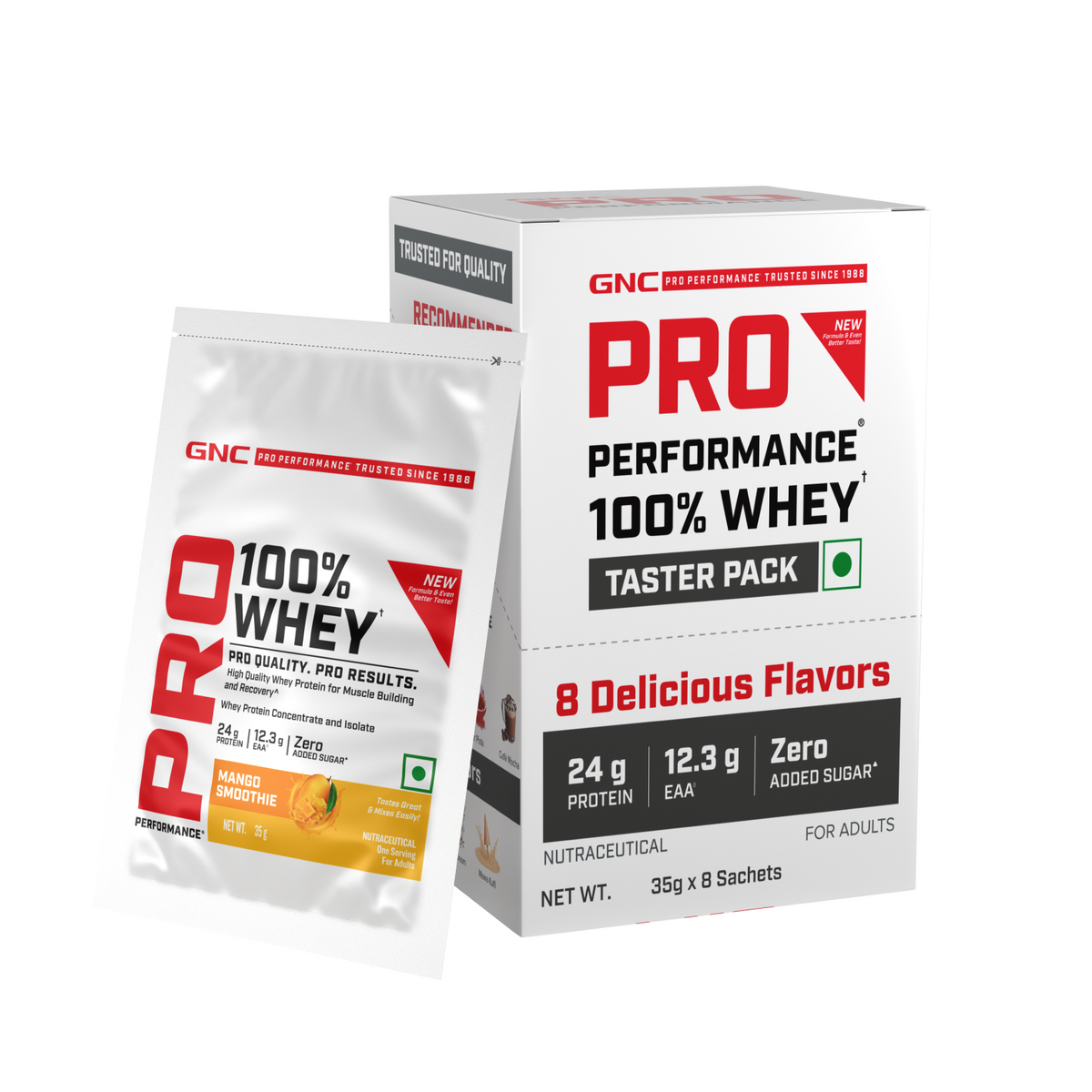 GNC Pro Performance 100% Whey Protein | New Formulation | 24g Protein, 5.7g BCAAs, 12.3g EAAs | Added DigeZyme® |  Low Carb (4.51g), No Added Sugar I Mango Smoothie I 35 GM (Single Serve)