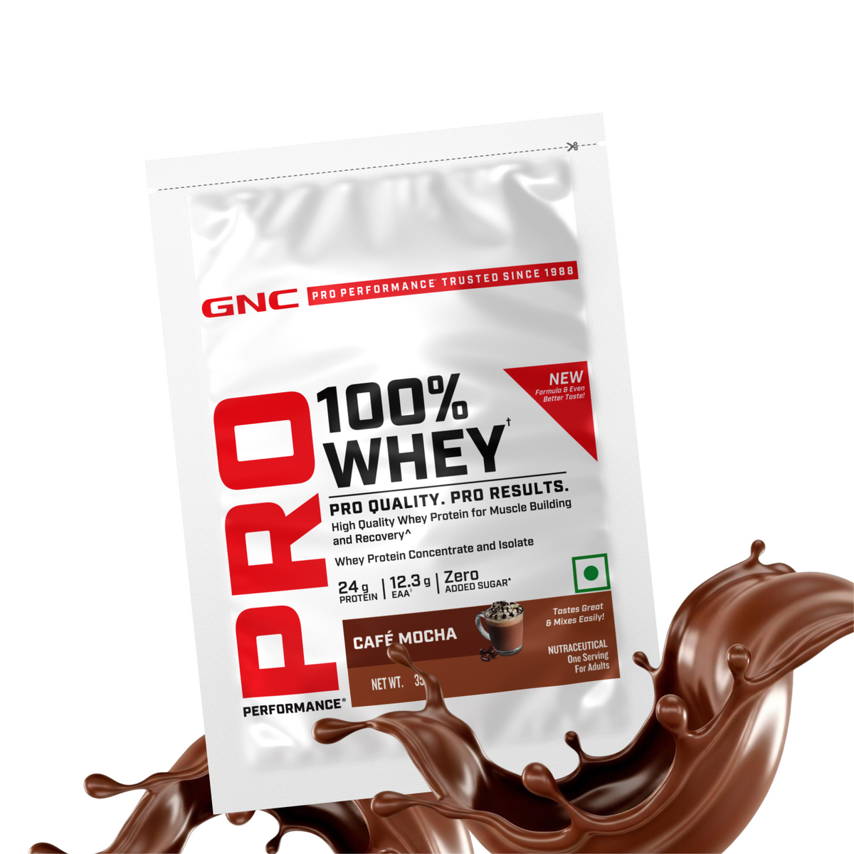 GNC Pro Performance 100% Whey Protein | New Formulation | 24g Protein, 5.7g BCAAs, 12.3g EAAs | Added DigeZyme® |  Low Carb (4.51g), No Added Sugar I Cafe Mocha I 35 GM (Single Serve)