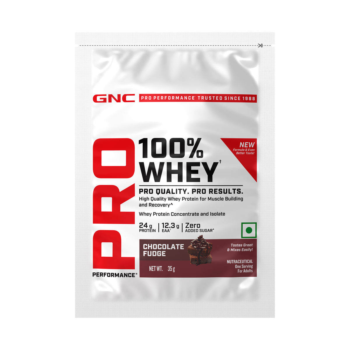 GNC Pro Performance 100% Whey Protein | New Formulation | 24g Protein, 5.7g BCAAs, 12.3g EAAs | Added DigeZyme® |  Low Carb (4.51g), No Added Sugar I Chocolate Fudge I 35 GM (Single Serve)