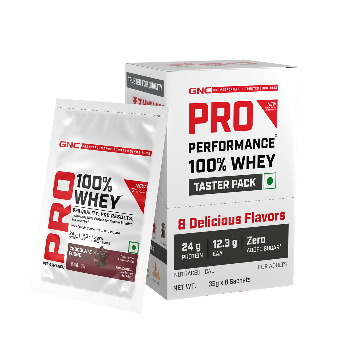 GNC Pro Performance 100% Whey Protein | New Formulation | 24g Protein, 5.7g BCAAs, 12.3g EAAs | Added DigeZyme® |  Low Carb (4.51g), No Added Sugar I Chocolate Fudge I 35 GM (Single Serve)
