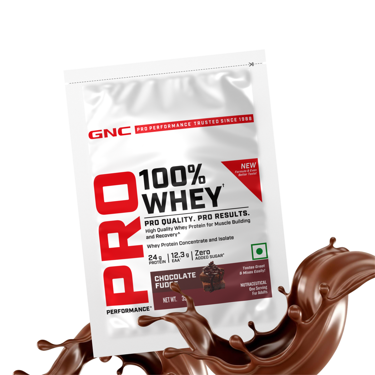 GNC Pro Performance 100% Whey Protein | New Formulation | 24g Protein, 5.7g BCAAs, 12.3g EAAs | Added DigeZyme® |  Low Carb (4.51g), No Added Sugar I Chocolate Fudge I 35 GM (Single Serve)