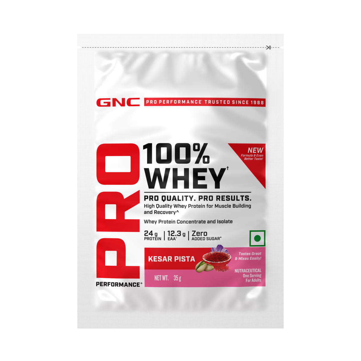 GNC Pro Performance 100% Whey Protein | New Formulation | 24g Protein, 5.7g BCAAs, 12.3g EAAs | Added DigeZyme® |  Low Carb (4.51g), No Added Sugar I Kesar Pista  I 35 GM (Single Serve)