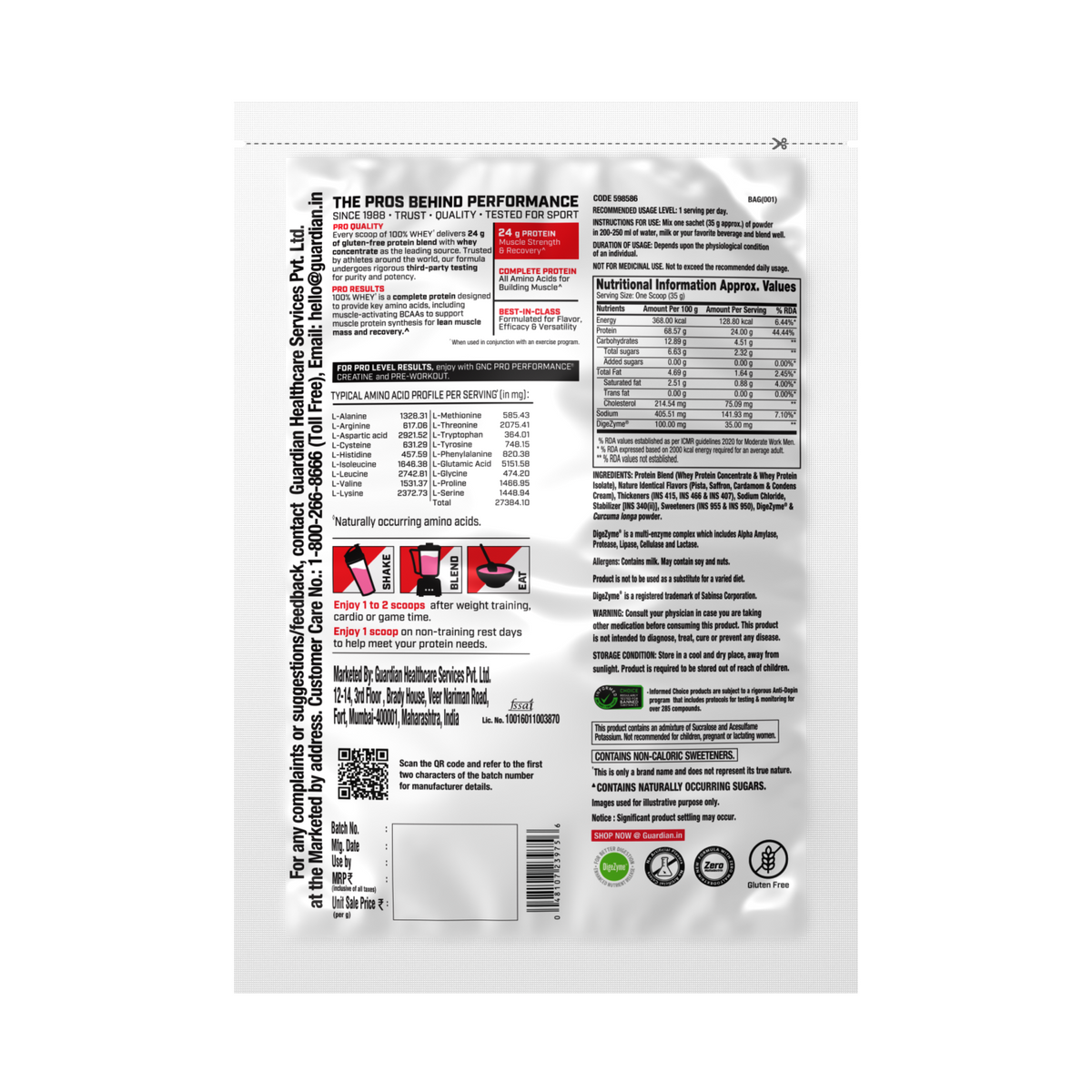 GNC Pro Performance 100% Whey Protein | New Formulation | 24g Protein, 5.7g BCAAs, 12.3g EAAs | Added DigeZyme® |  Low Carb (4.51g), No Added Sugar I Kesar Pista  I 35 GM (Single Serve)