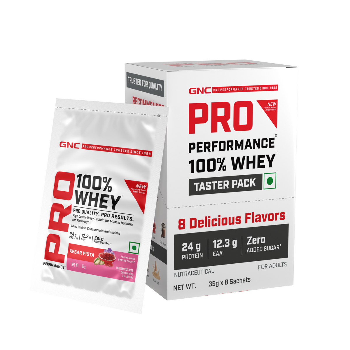 GNC Pro Performance 100% Whey Protein | New Formulation | 24g Protein, 5.7g BCAAs, 12.3g EAAs | Added DigeZyme® |  Low Carb (4.51g), No Added Sugar I Kesar Pista  I 35 GM (Single Serve)