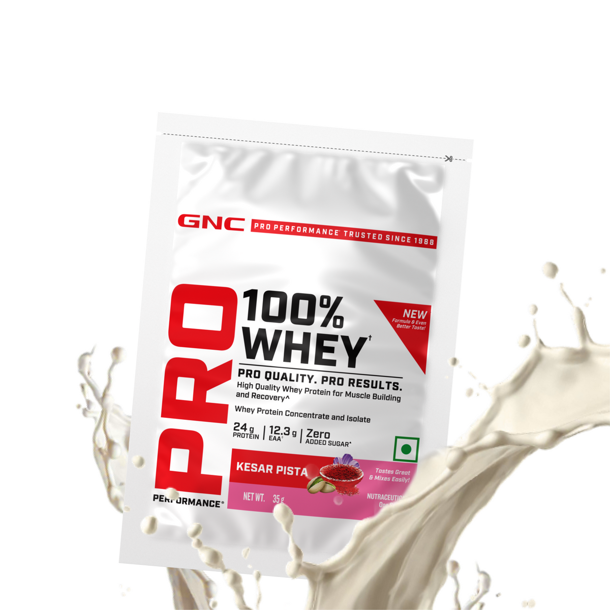 GNC Pro Performance 100% Whey Protein | New Formulation | 24g Protein, 5.7g BCAAs, 12.3g EAAs | Added DigeZyme® |  Low Carb (4.51g), No Added Sugar I Kesar Pista  I 35 GM (Single Serve)