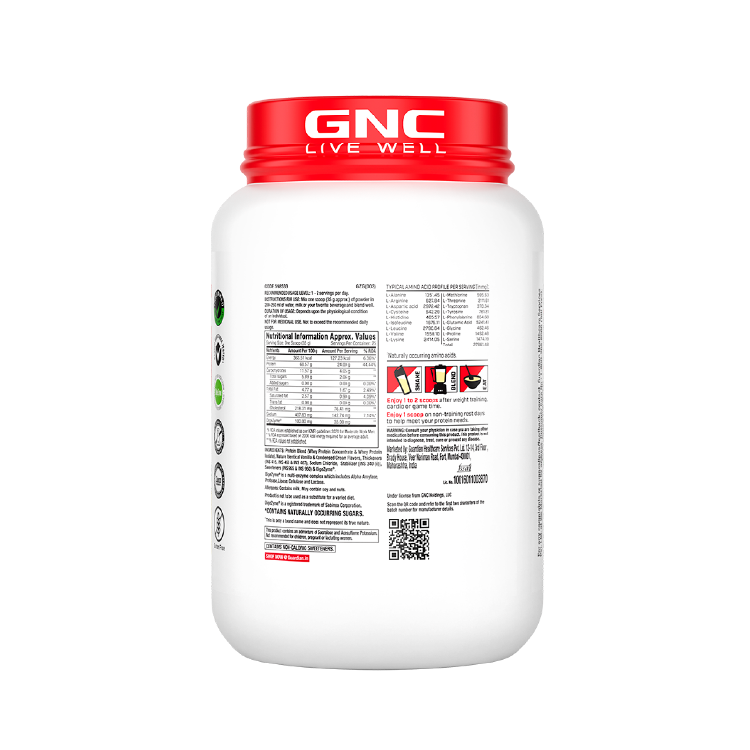 GNC Pro Performance 100% Whey Protein | New Formulation | 24g Protein, 5.7g BCAAs, 12.3g EAAs | Added DigeZyme® |  Low Carb (4.51g), No Added Sugar I Vanilla Cream I 907 GM