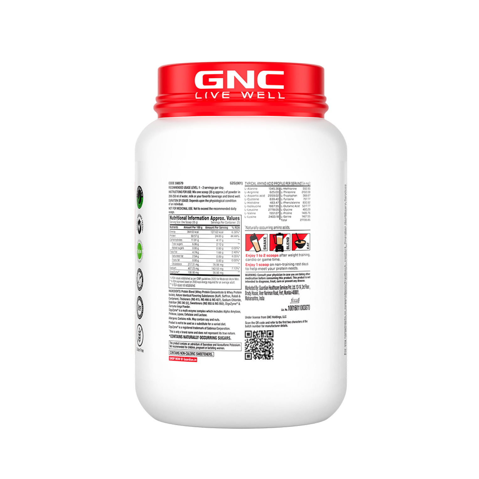 GNC Pro Performance 100% Whey Protein | New Formulation | 24g Protein, 5.7g BCAAs, 12.3g EAAs | Added DigeZyme® |  Low Carb (4.51g), No Added Sugar I Mawa Kulfi I 907 GM