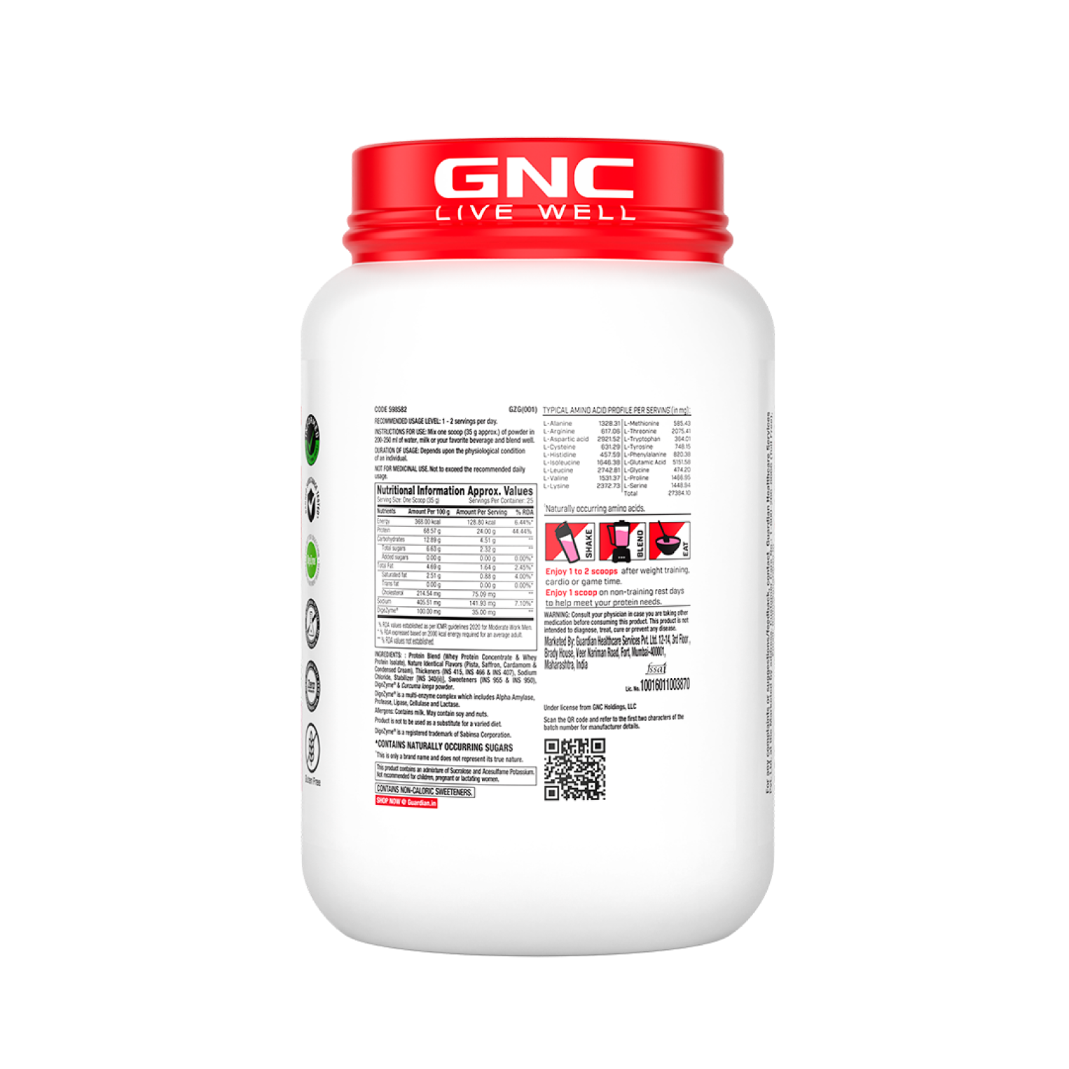 GNC Pro Performance 100% Whey Protein | New Formulation | 24g Protein, 5.7g BCAAs, 12.3g EAAs | Added DigeZyme® |  Low Carb (4.51g), No Added Sugar I Kesar Pista I 907 GM