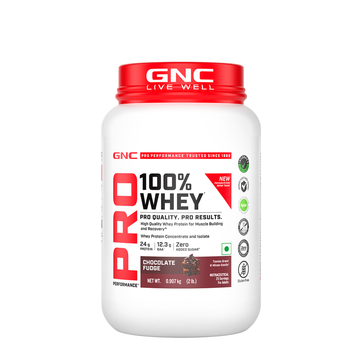 GNC Pro Performance 100% Whey Protein | New Formulation | 24g Protein, 5.7g BCAAs, 12.3g EAAs | Added DigeZyme® |  Low Carb (4.51g), No Added Sugar I Chocolate Fudge I 907 GM
