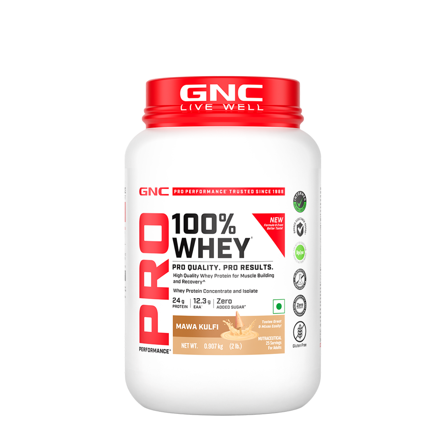 GNC Pro Performance 100% Whey Protein | New Formulation | 24g Protein, 5.7g BCAAs, 12.3g EAAs | Added DigeZyme® |  Low Carb (4.51g), No Added Sugar I Mawa Kulfi I 907 GM