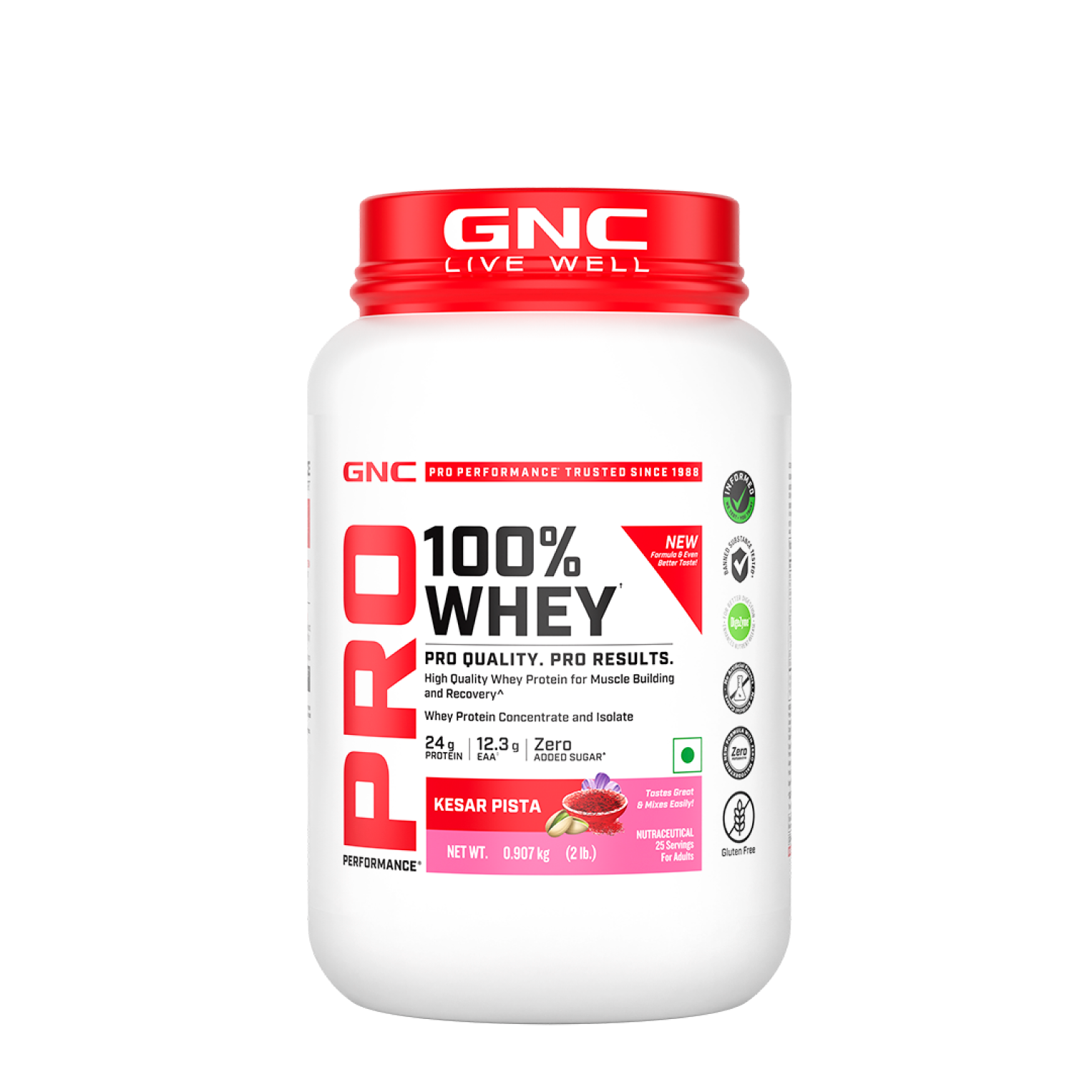GNC Pro Performance 100% Whey Protein | New Formulation | 24g Protein, 5.7g BCAAs, 12.3g EAAs | Added DigeZyme® |  Low Carb (4.51g), No Added Sugar I Kesar Pista I 907 GM