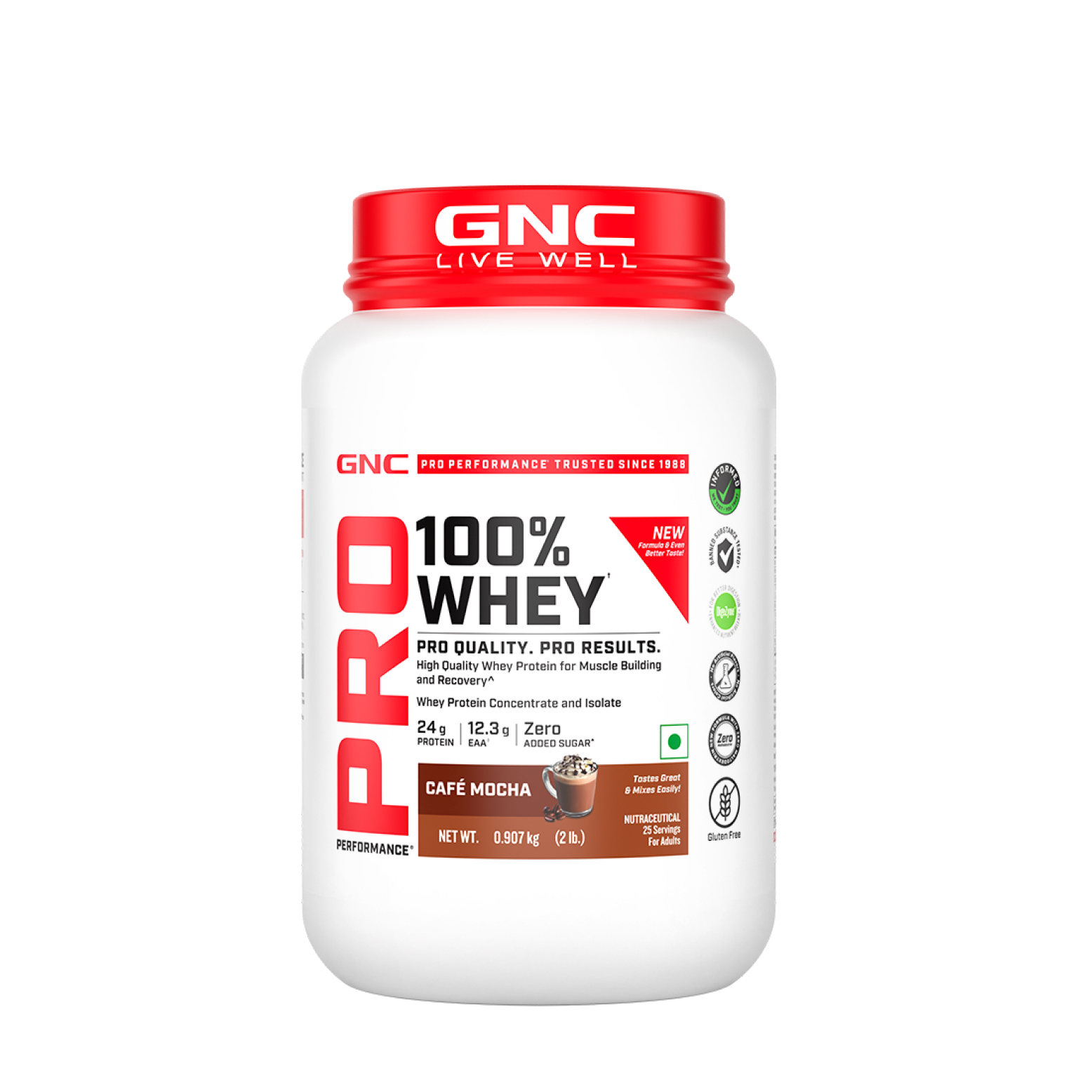 GNC Pro Performance 100% Whey Protein | New Formulation | 24g Protein, 5.7g BCAAs, 12.3g EAAs | Added DigeZyme® |  Low Carb (4.51g), No Added Sugar I Cafe Mocha I 907 GM