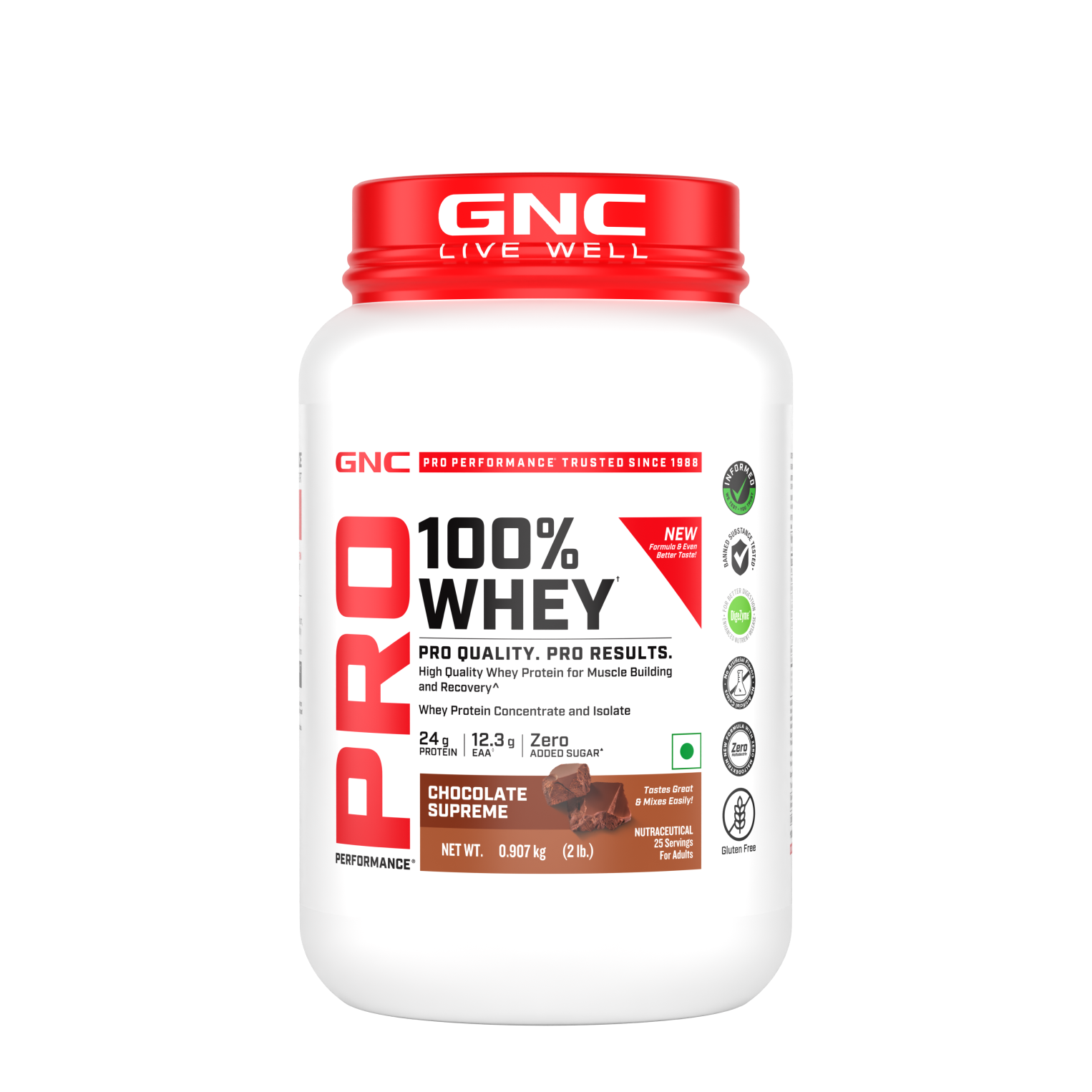 GNC Pro Performance 100% Whey Protein | New Formulation | 24g Protein, 5.7g BCAAs, 12.3g EAAs | Added DigeZyme® |  Low Carb (4.51g), No Added Sugar I Chocolate Supreme I 907 GM