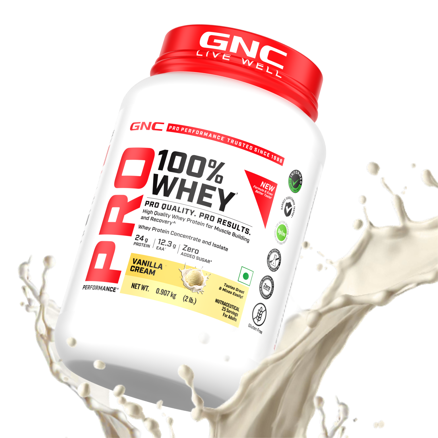 GNC Pro Performance 100% Whey Protein | New Formulation | 24g Protein, 5.7g BCAAs, 12.3g EAAs | Added DigeZyme® |  Low Carb (4.51g), No Added Sugar I Vanilla Cream I 907 GM