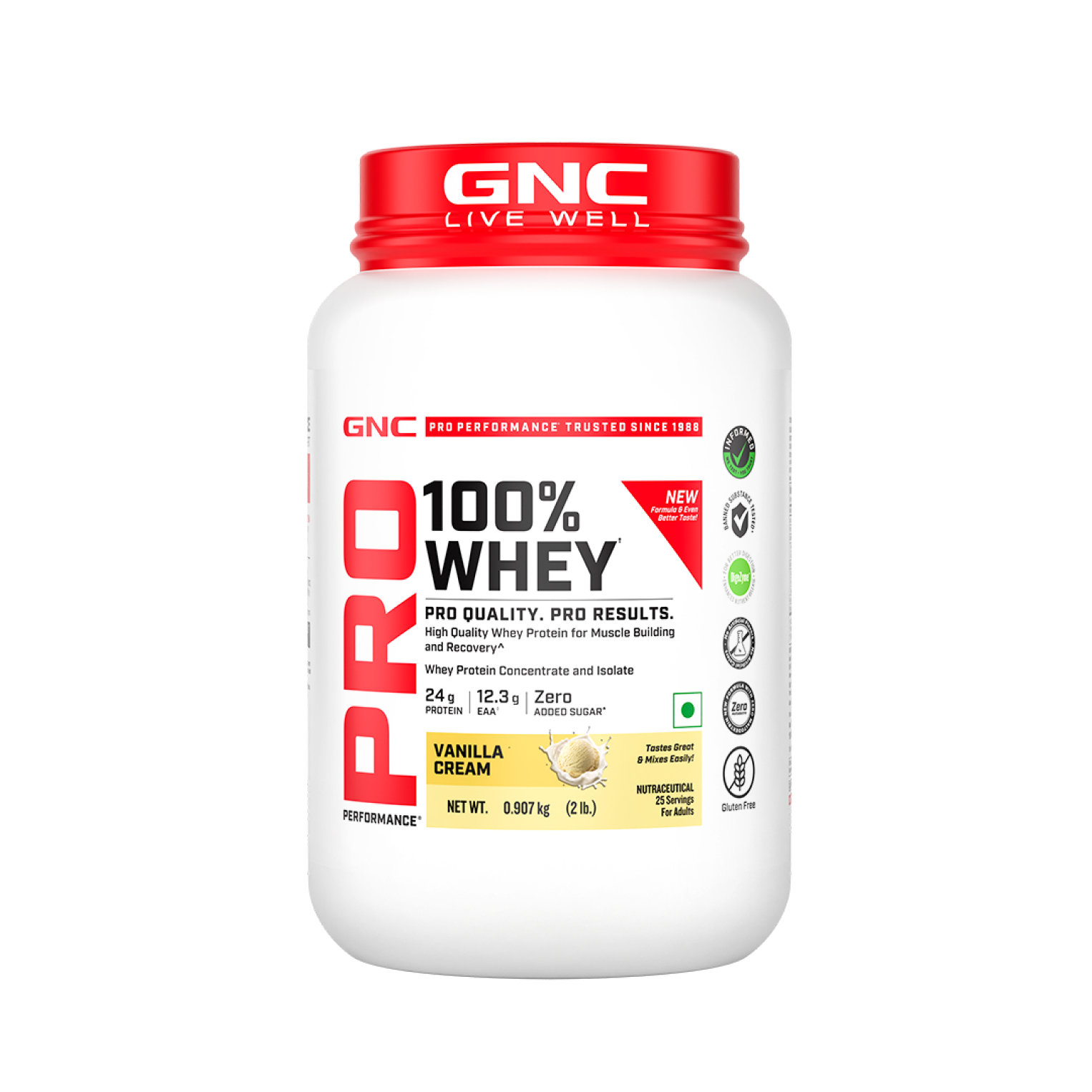 GNC Pro Performance 100% Whey Protein | New Formulation | 24g Protein, 5.7g BCAAs, 12.3g EAAs | Added DigeZyme® |  Low Carb (4.51g), No Added Sugar I Vanilla Cream I 907 GM